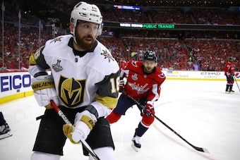 WASHINGTON, DC - JUNE 04:  James Neal #18 of the Vegas Golden Knights skates against the Washington Capitals during the first period in Game Four of the 2018 NHL Stanley Cup Final at Capital One Arena on June 4, 2018 in Washington, DC.  (Photo by Gregory 