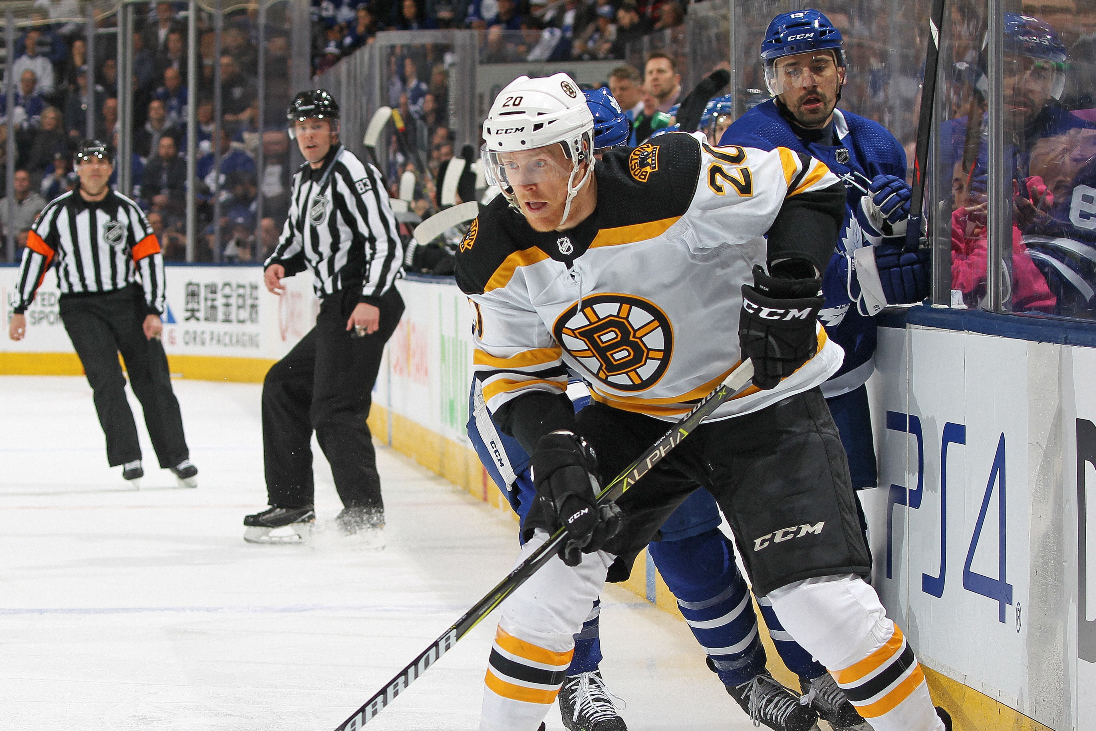 TORONTO, ON - APRIL 19:  Riley Nash #20 of the Boston Bruins skates with the puck against the Toronto Maple Leafs in Game Four of the Eastern Conference First Round in the 2018 Stanley Cup play-offs at the Air Canada Centre on April 19, 2018 in Toronto, O