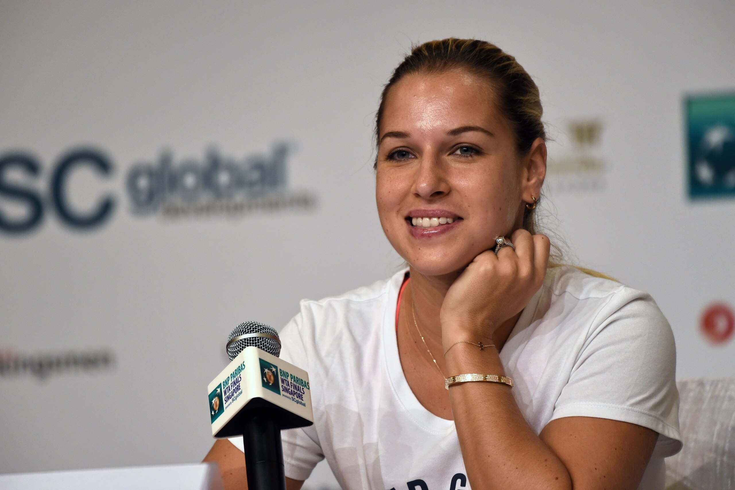 Dominika Cibulkova of Slovakia attends a press conference prior to the WTA Finals at Marina Bay Sands in Singapore on October 22, 2016. / AFP / ROSLAN RAHMAN        (Photo credit should read ROSLAN RAHMAN/AFP/Getty Images)