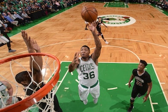 BOSTON, MA - APRIL 18:  Marcus Smart #36 of the Boston Celtics shoots the ball against the Chicago Bulls during Game Two of the Eastern Conference Quarterfinals of the 2017 NBA Playoffs on April 18, 2017 at TD Garden in Boston, MA. NOTE TO USER: User expr