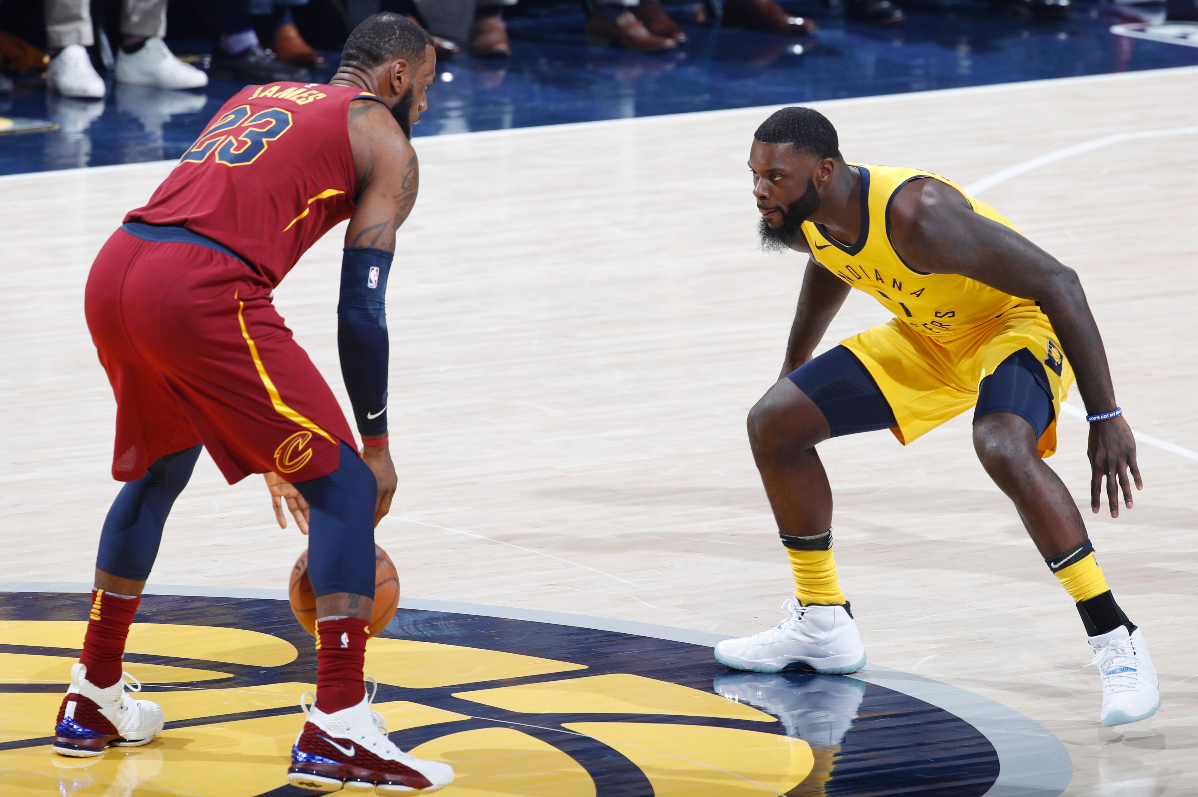 INDIANAPOLIS, IN - APRIL 20: Lance Stephenson #1 of the Indiana Pacers defends against LeBron James #23 of the Cleveland Cavaliers during game three of the NBA Playoffs at Bankers Life Fieldhouse on April 20, 2018 in Indianapolis, Indiana. The Pacers won 