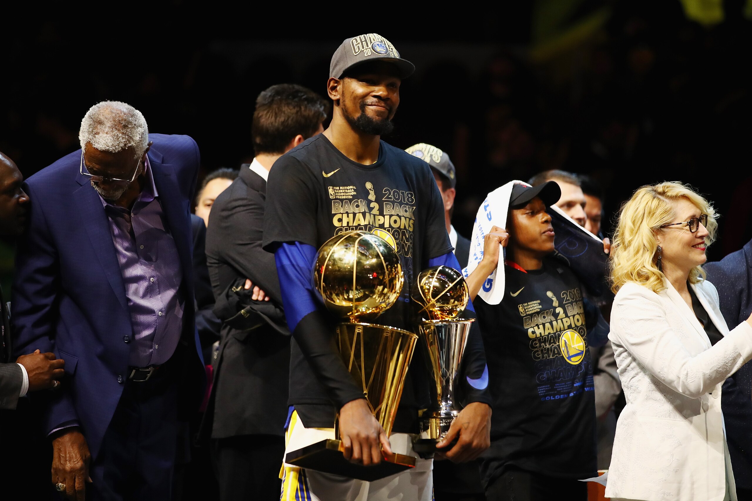 CLEVELAND, OH - JUNE 08:  Kevin Durant #35 of the Golden State Warriors celebrates with the Larry O'Brien Trophy and MVP Trophy after defeating the Cleveland Cavaliers during Game Four of the 2018 NBA Finals at Quicken Loans Arena on June 8, 2018 in Cleve