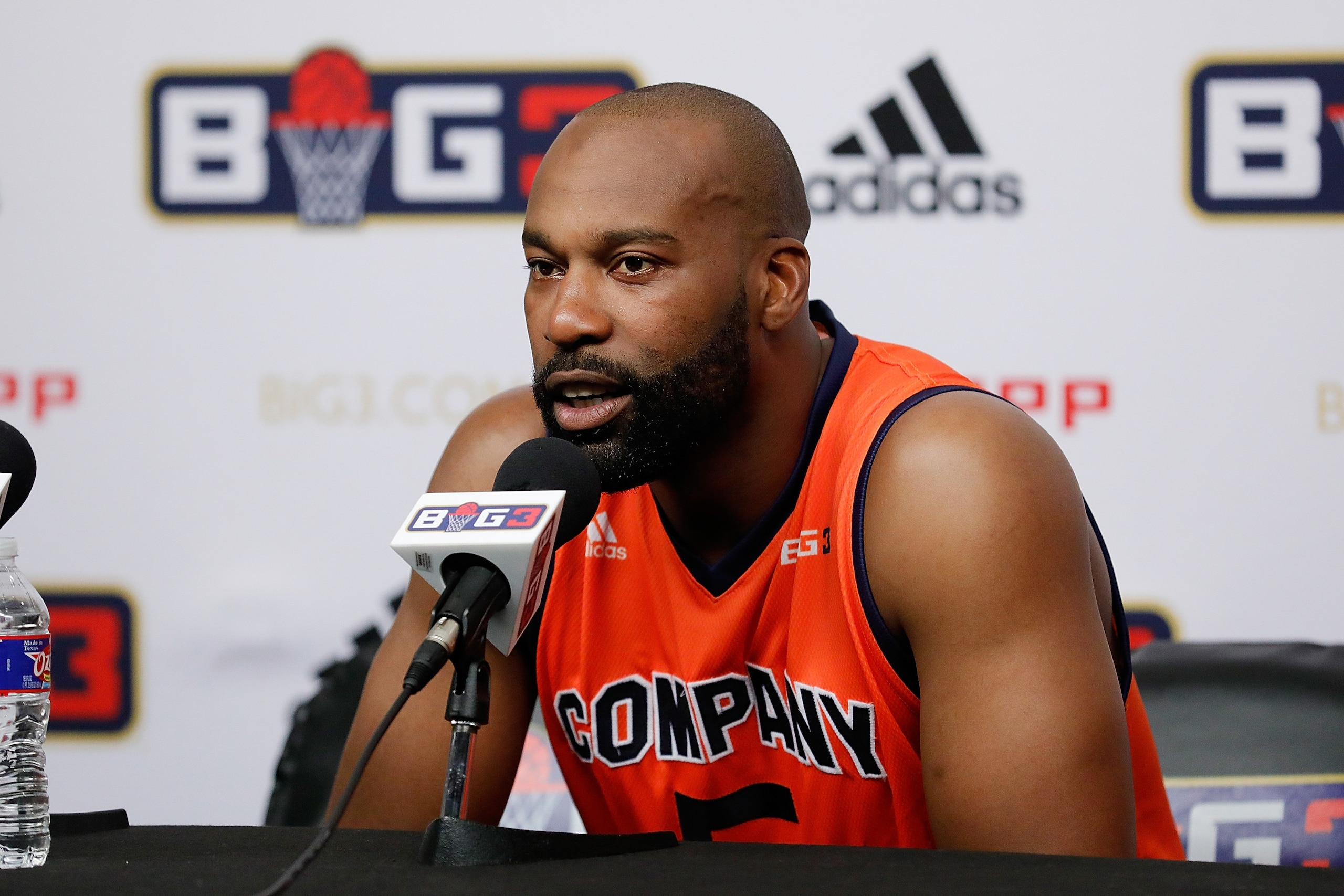 HOUSTON, TX - JUNE 22: Baron Davis #5 of 3's Company attends a press conference during week one of the BIG3 three on three basketball league at Toyota Center on June 22, 2018 in Houston, Texas.  (Photo by Tim Warner/BIG3/Getty Images)