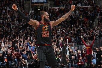 CLEVELAND, OH - APRIL 29:  LeBron James #23 of the Cleveland Cavaliers reacts in Game Seven of Round One of the 2018 NBA Playoffs against the Indiana Pacers on April 29, 2018 at Quicken Loans Arena in Cleveland, Ohio.  NOTE TO USER: User expressly acknowl