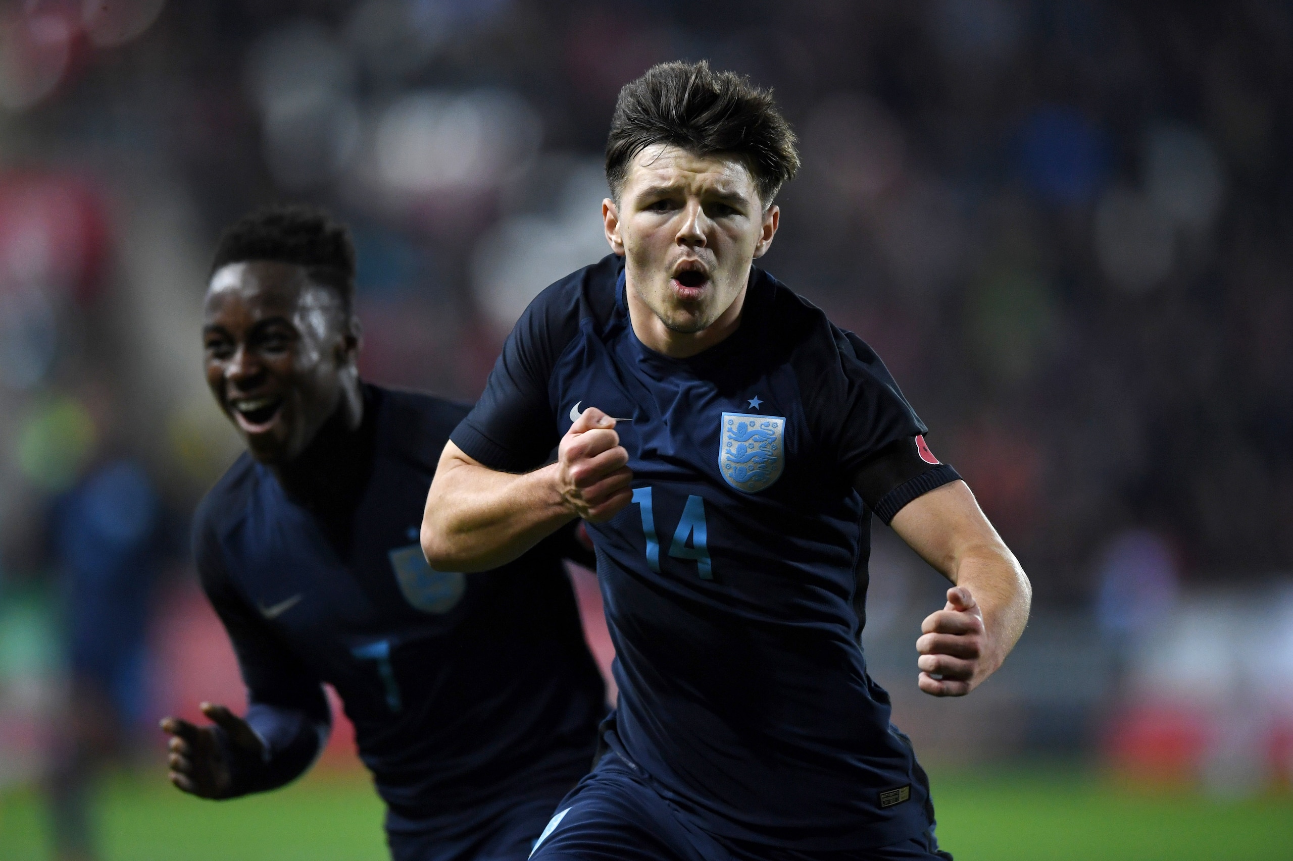 ROTHERHAM, ENGLAND - NOVEMBER 14:  Bobby Duncan of England celebrates scoring the opening goal during the  International Match between  England U17 and Germany U17 at The New York Stadium on November 14, 2017 in Rotherham, England.  (Photo by Gareth Cople
