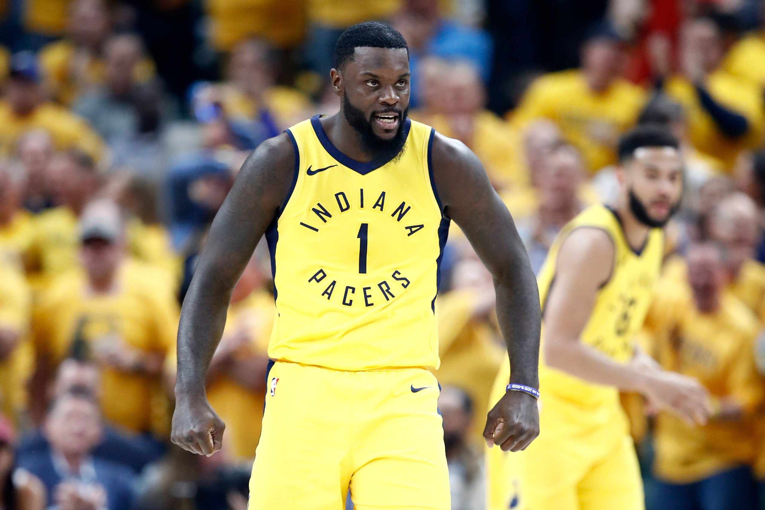 INDIANAPOLIS, IN - APRIL 27:  Lance Stephenson #1 of the Indiana Pacers celebrates against the Cleveland Cavaliers in Game Six of the Eastern Conference Quarterfinals during the 2018 NBA Playoffs  at Bankers Life Fieldhouse on April 27, 2018 in Indianapol