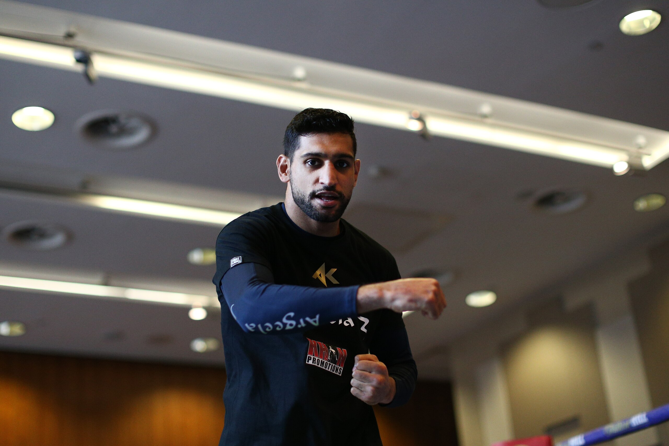 LIVERPOOL, ENGLAND - APRIL 17:  Amir Khan of England shadow boxes in the Ring during a Meida Work Out and Press Conference at the Hilton Hotel on April 17, 2018 in Liverpool, England.  (Photo by Jan Kruger/Getty Images)
