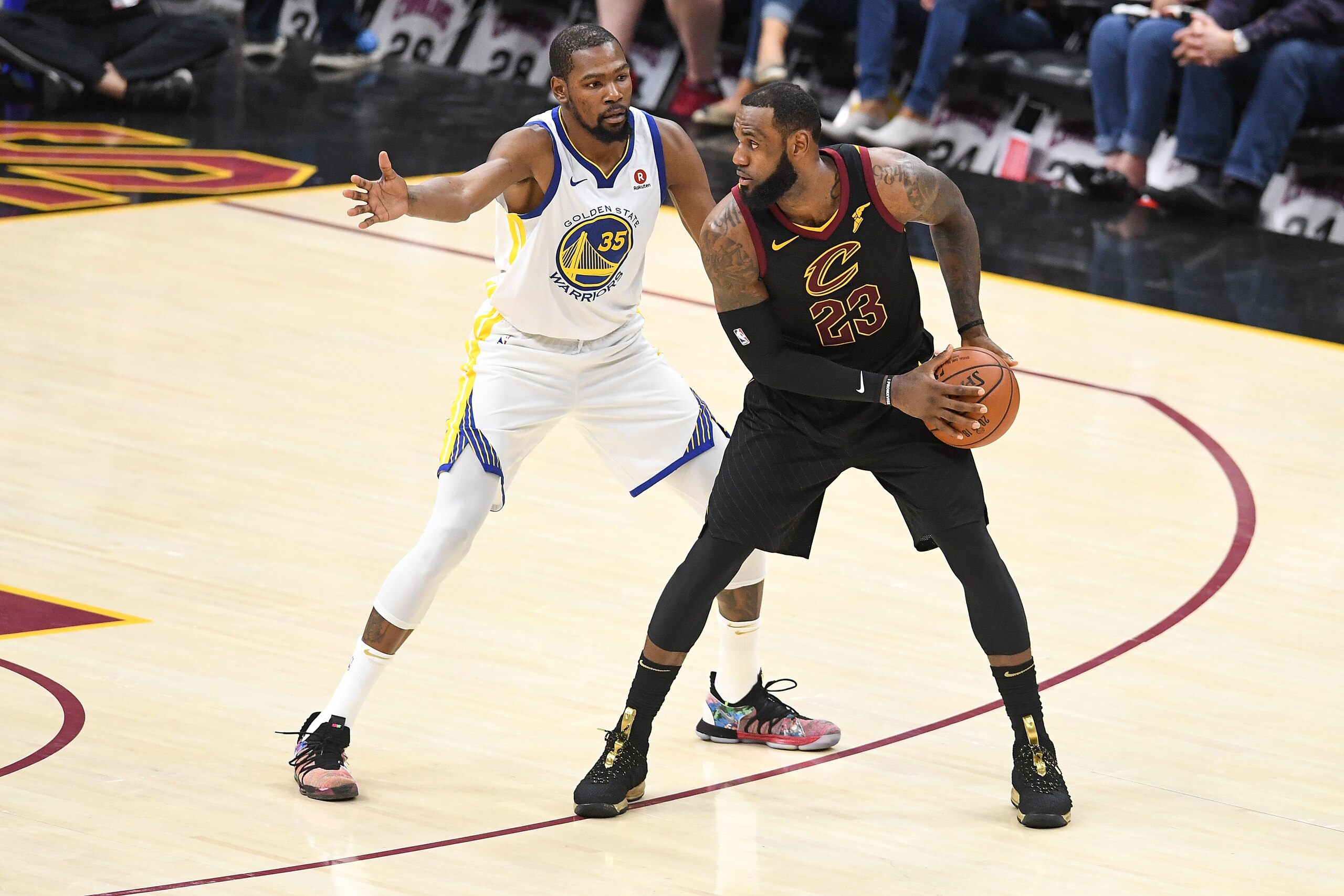CLEVELAND, OH - JUNE 08:  LeBron James #23 of the Cleveland Cavaliers defended by Kevin Durant #35 of the Golden State Warriors during Game Four of the 2018 NBA Finals at Quicken Loans Arena on June 8, 2018 in Cleveland, Ohio. NOTE TO USER: User expressly
