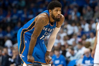 OKLAHOMA CITY, OK - APRIL 25: Paul George #13 of the Oklahoma City Thunder watches action against the utah Jazz  during game 5 of the Western Conference playoffs at the Chesapeake Energy Arena on April 25, 2018 in Oklahoma City, Oklahoma. NOTE TO USER: Us