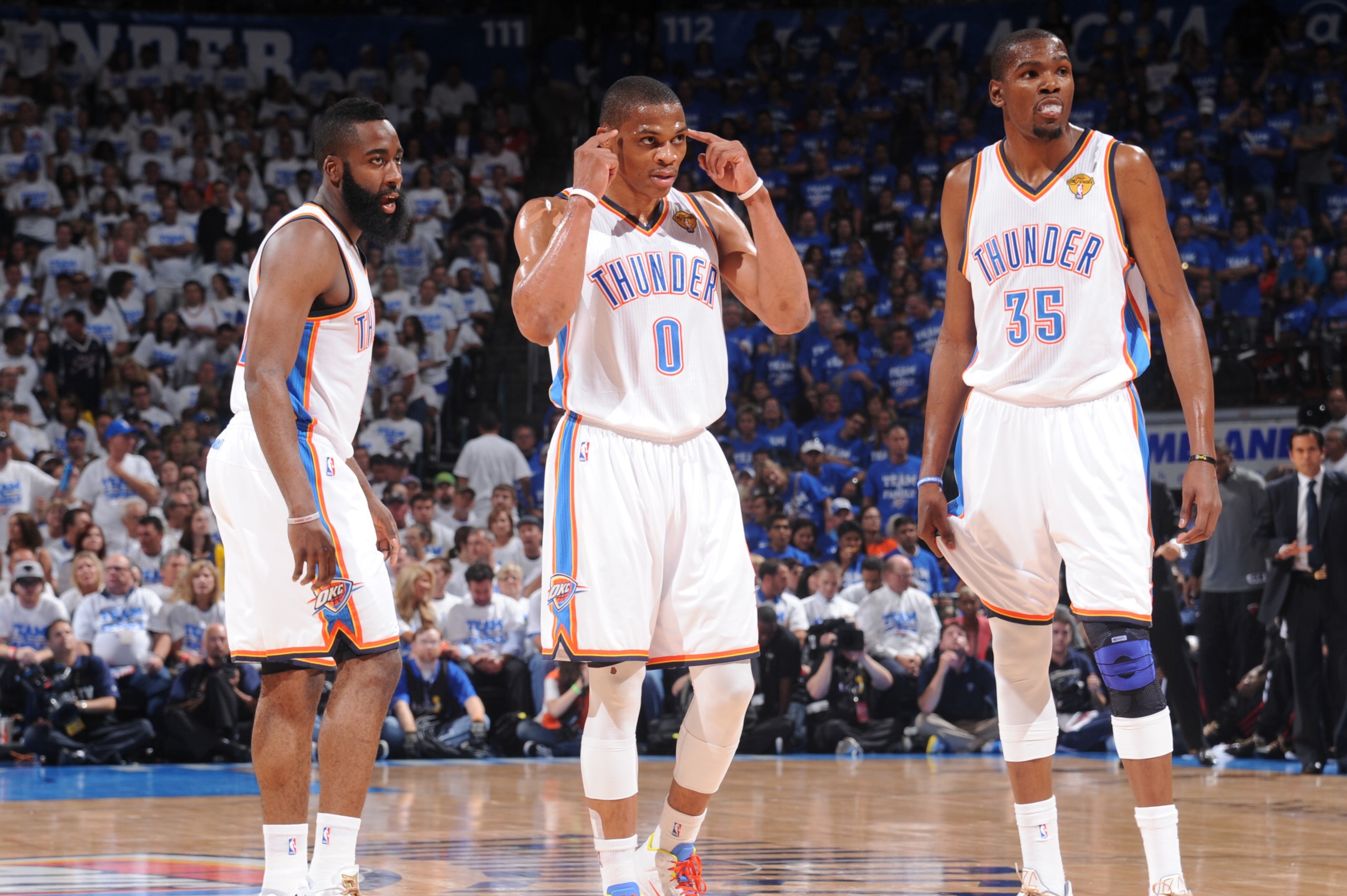 OKLAHOMA CITY, OK - JUNE 14: James Harden #13, Russell Westbrook #0 and Kevin Durant #35 of the Oklahoma City Thunder gets the play against the Miami Heat during Game Two of the 2012 NBA Finals at Chesapeake Energy Arena on June 14, 2012 in Oklahoma City,