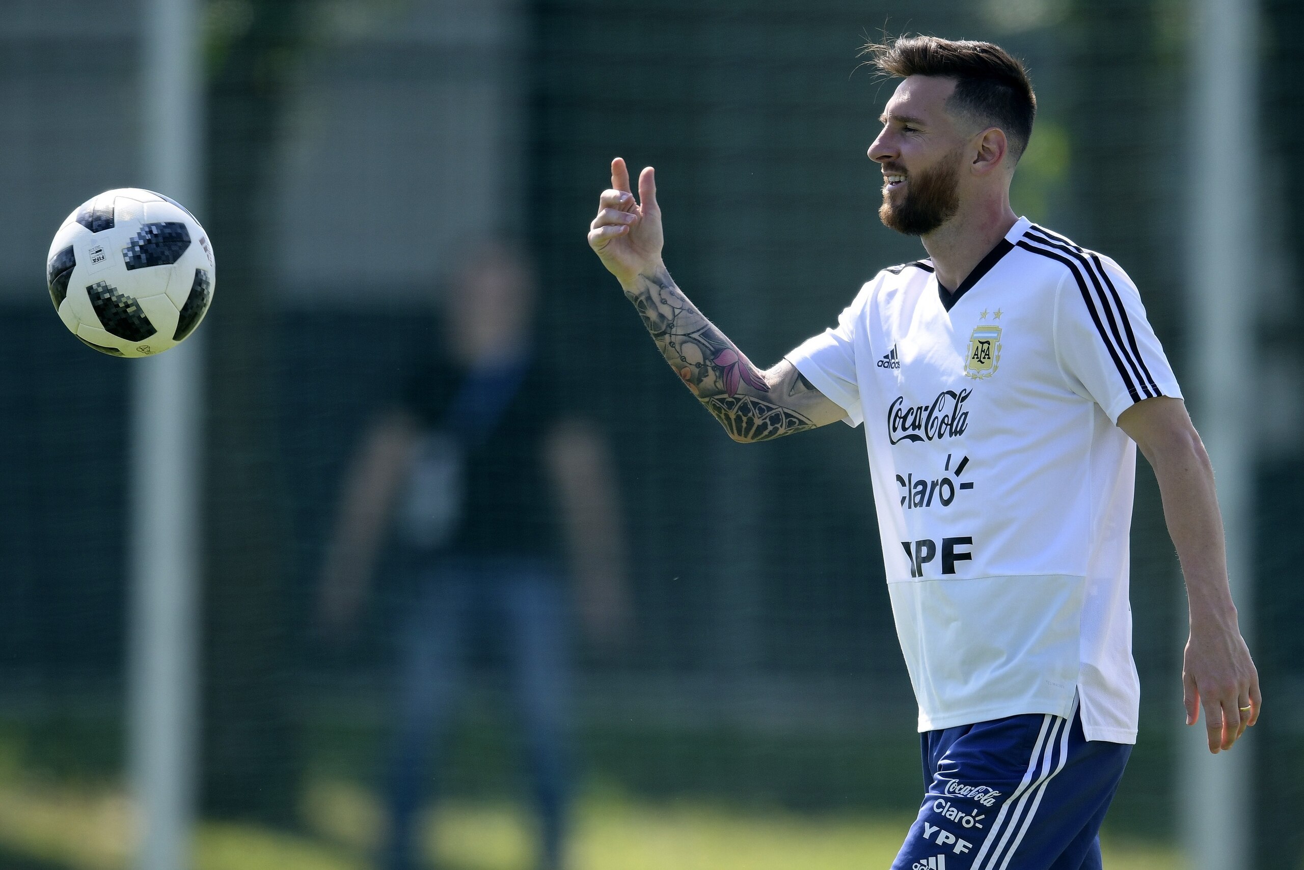 Argentina's forward Lionel Messi takes part in a training session at the team's base camp in Bronnitsy, on June 29, 2018 on the eve of the team's round of sixteen football match as part of the Russia 2018 World Cup. (Photo by JUAN MABROMATA / AFP)        