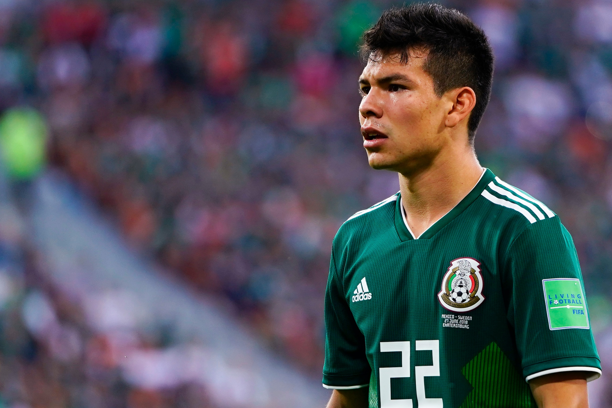 YEKATERINBURG, RUSSIA - JUNE 27: Hirving Lozano of Mexico looks on during the 2018 FIFA World Cup Russia group F match between Mexico and Sweden at Ekaterinburg Arena on June 27, 2018 in Yekaterinburg, Russia. (Photo by Carlos Cuin/Jam Media/Getty Images)