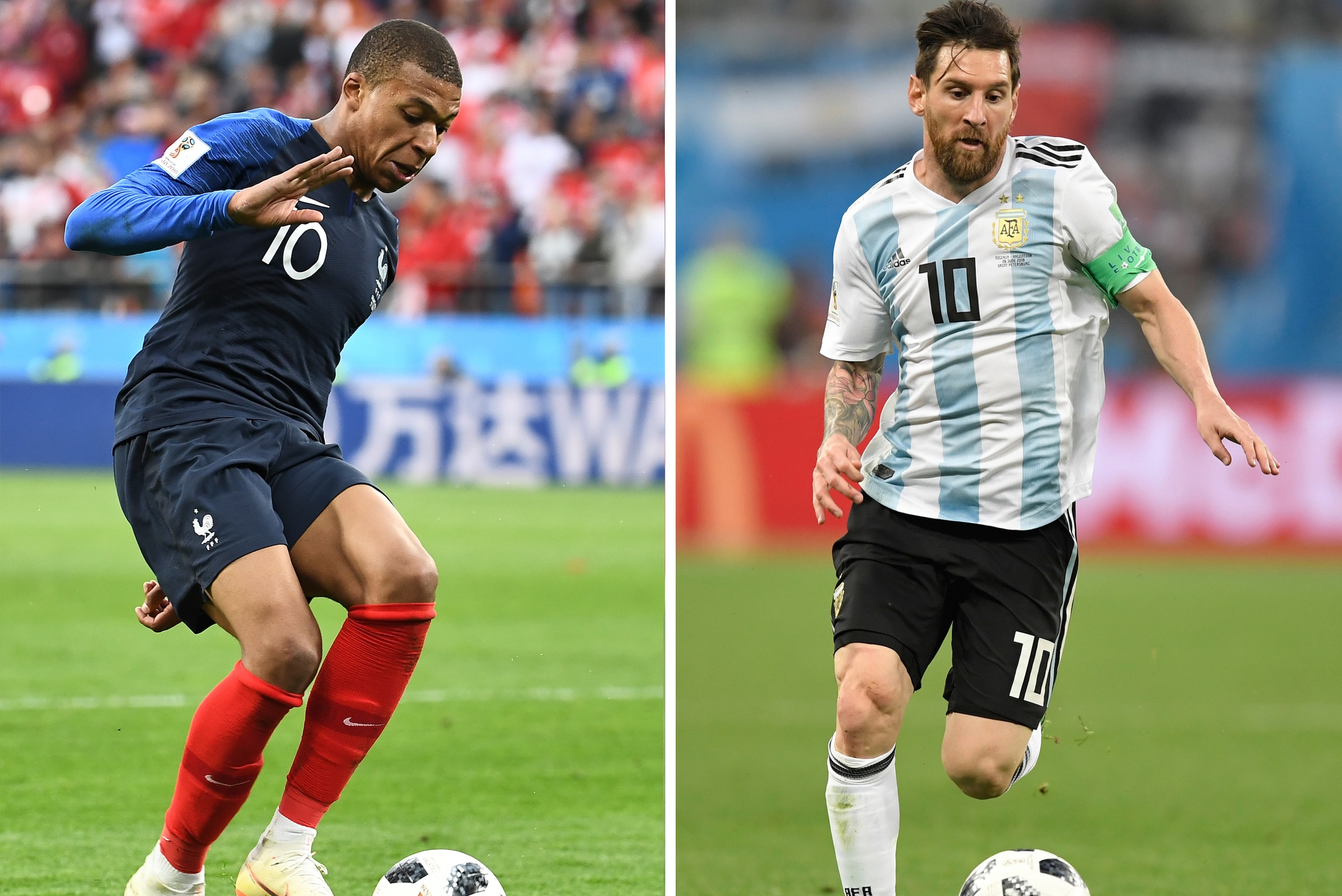 (COMBO) This combination of pictures created on June 28, 2018 shows France's forward Kylian Mbappe in Ekaterinburg on June 21, 2018 (L) and Argentina's forward Lionel Messi in Saint Petersburg on June 26, 2018. - France will play Argentina in their Russia