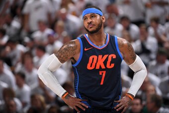 SALT LAKE CITY, UT - APRIL 23:  Carmelo Anthony #7 of the Oklahoma City Thunder looks on during the game against the Utah Jazz in Game Four of Round One of the 2018 NBA Playoffs on April 23, 2018 at vivint.SmartHome Arena in Salt Lake City, Utah. NOTE TO 