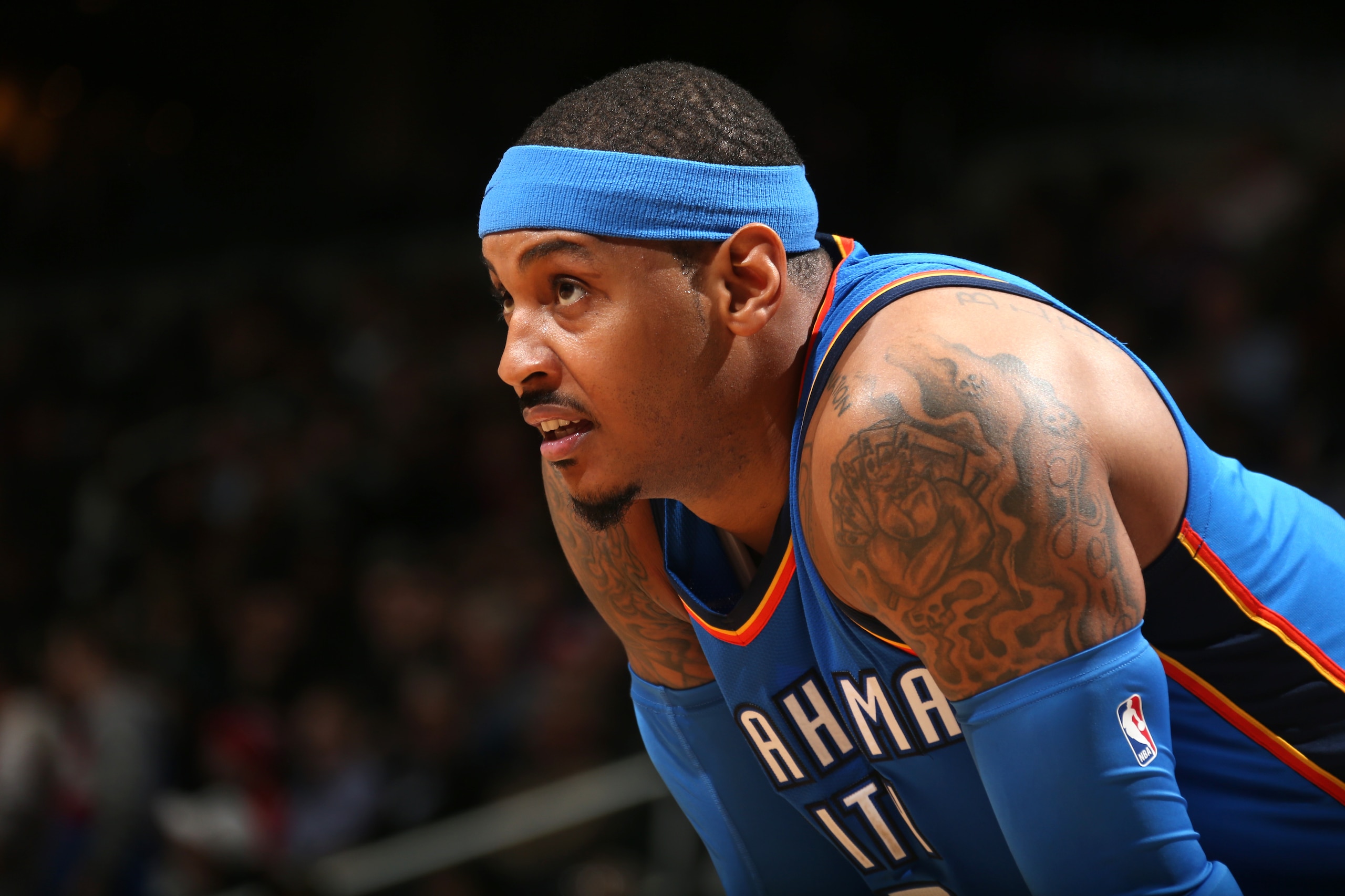 WASHINGTON, DC - JANUARY 30: Carmelo Anthony #7 of the Oklahoma City Thunder looks on during the game against the Washington Wizards on January 30, 2018 at Capital One Arena in Washington, DC. NOTE TO USER: User expressly acknowledges and agrees that, by WASHINGTON, DC - JANUARY 30: Carmelo Anthony #7 of the Oklahoma City Thunder looks on during the game against the Washington Wizards on January 30, 2018 at Capital One Arena in Washington, DC. NOTE TO USER: User expressly acknowledges and agrees that, by