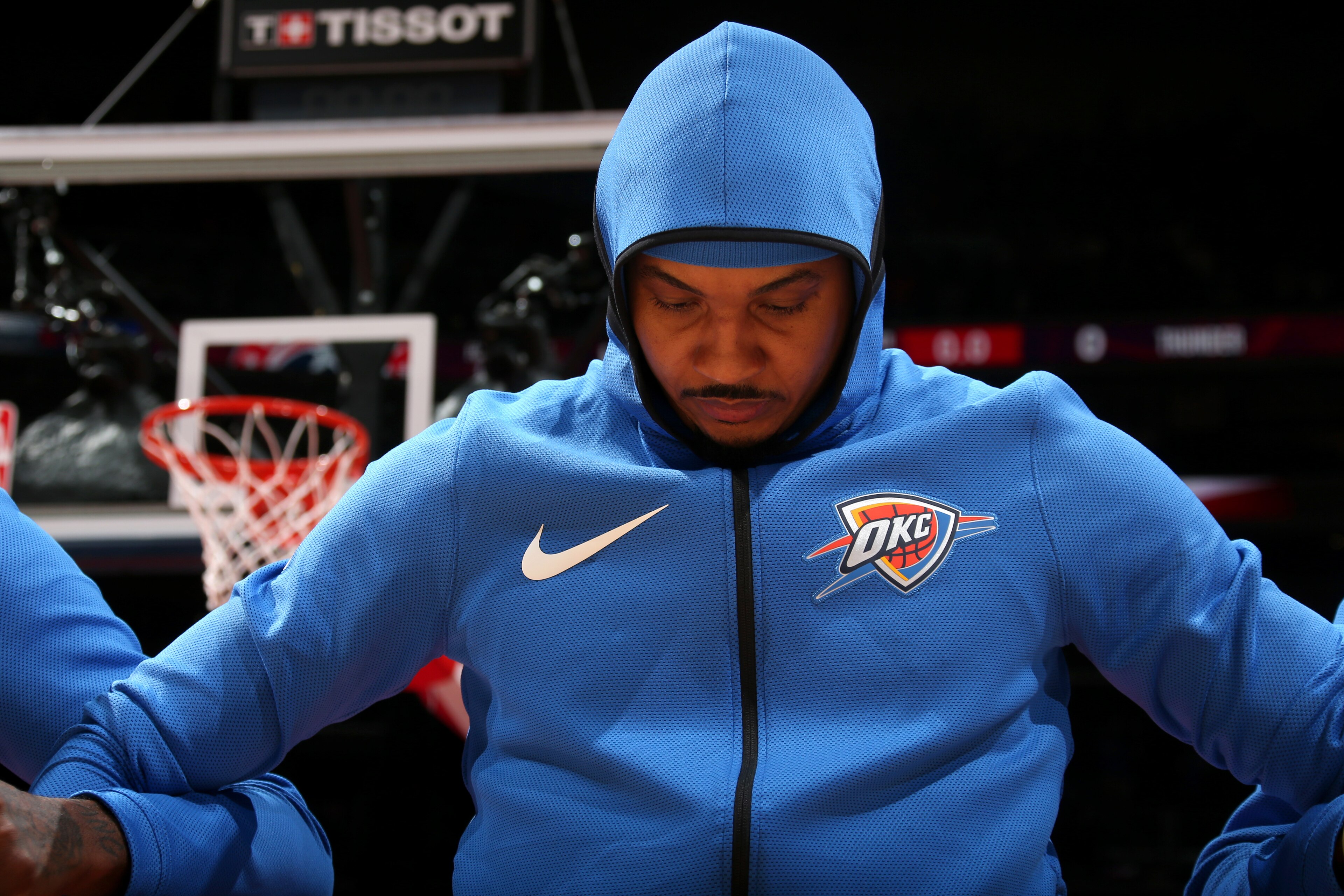 WASHINGTON, DC -¬JANUARY 30: Carmelo Anthony #7 of the Oklahoma City Thunder during the national anthem before the game against the Washington Wizards on January 30, 2018 at Capital One Arena in Washington, DC. NOTE TO USER: User expressly acknowledges an
