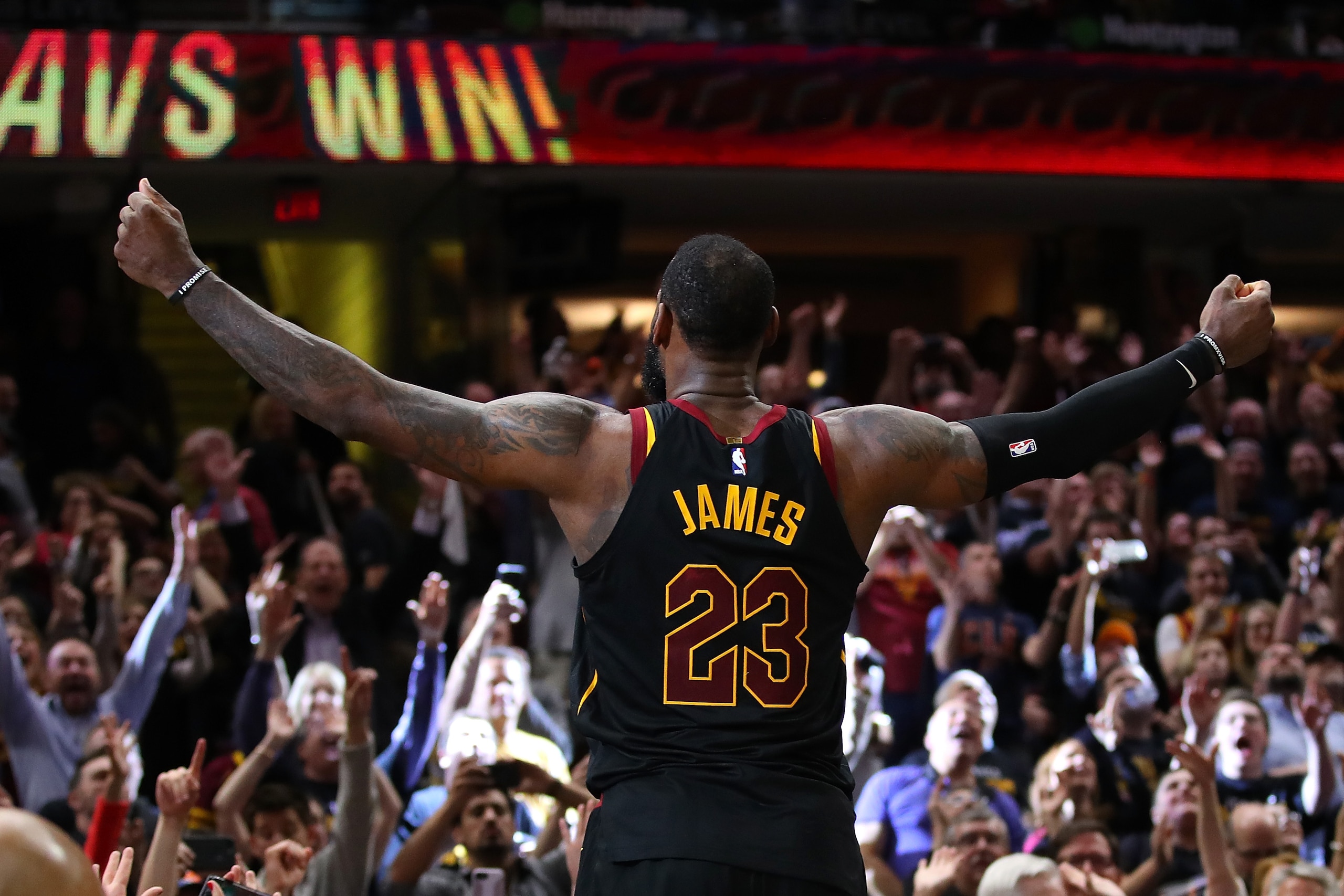 CLEVELAND, OH - MAY 05:  LeBron James #23 of the Cleveland Cavaliers celebrates after hitting the game winning shot to beat the Toronto Raptors 105-103 in Game Three of the Eastern Conference Semifinals during the 2018 NBA Playoffs at Quicken Loans Arena 