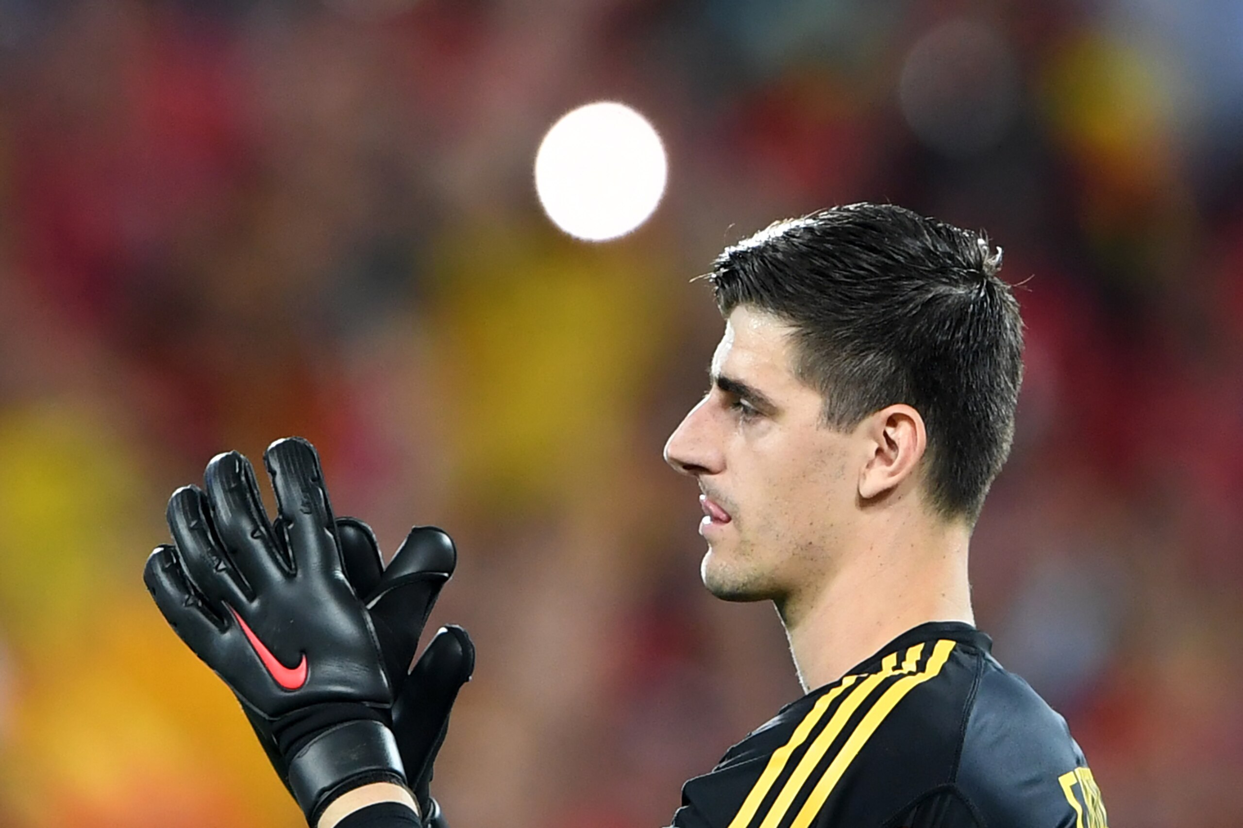 Belgium's goalkeeper Thibaut Courtois celebrates at the end of the Russia 2018 World Cup Group G football match between England and Belgium at the Kaliningrad Stadium in Kaliningrad on June 28, 2018. (Photo by OZAN KOSE / AFP) / RESTRICTED TO EDITORIAL US Belgium's goalkeeper Thibaut Courtois celebrates at the end of the Russia 2018 World Cup Group G football match between England and Belgium at the Kaliningrad Stadium in Kaliningrad on June 28, 2018. (Photo by OZAN KOSE / AFP) / RESTRICTED TO EDITORIAL US