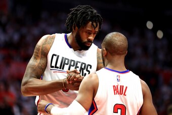 LOS ANGELES, CA - APRIL 30:  DeAndre Jordan #6 talks with Chris Paul #3 of the Los Angeles Clippers during the second half of Game Seven of the Western Conference Quarterfinals against the Utah Jazz at Staples Center at Staples Center on April 30, 2017 in