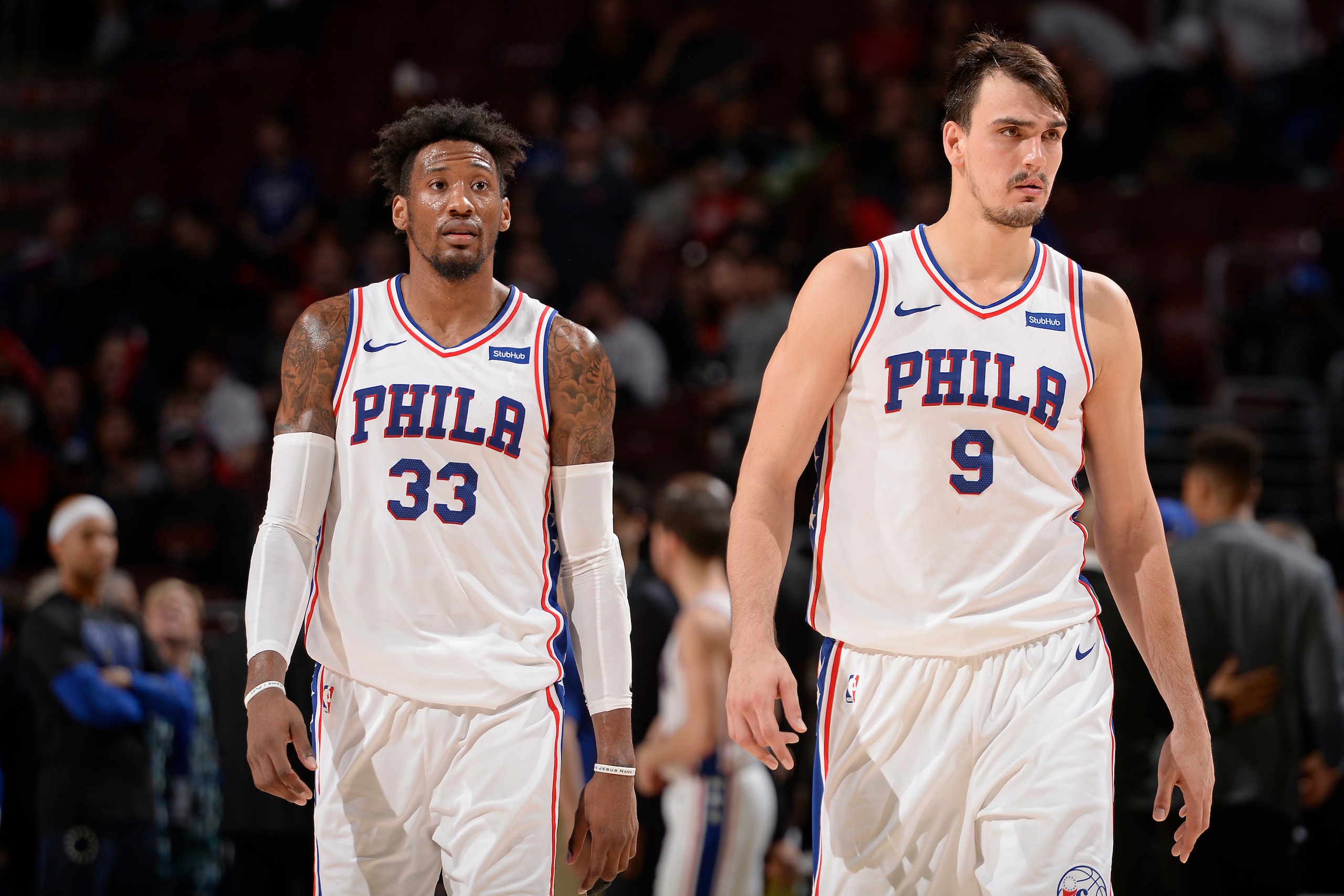 PHILADELPHIA,PA - FEBRUARY 10: Robert Covington #33 and Dario Saric #9 of the Philadelphia 76ers walk up court during the game against the LA Clippers at Wells Fargo Center on February 10, 2018 in Philadelphia, Pennsylvania NOTE TO USER: User expressly ac