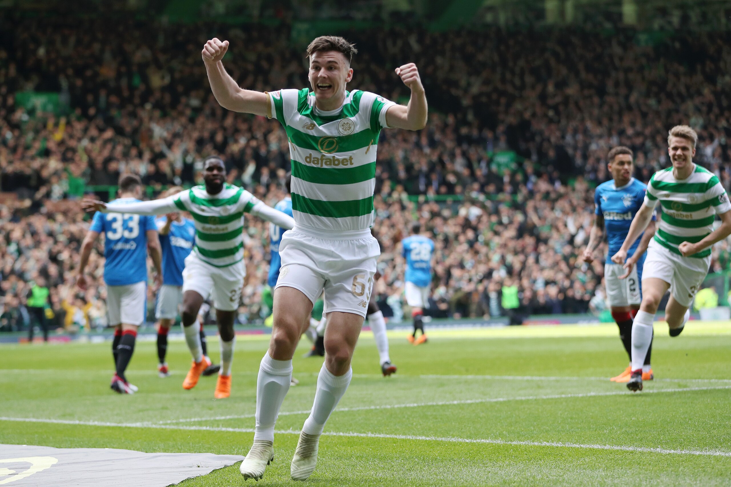 GLASGOW, SCOTLAND - APRIL 29: Kieran Tierney of Celtic celebrates his sides first goal as Odsonne Edouard of Celtic (not pictured) scores their sides first goal during the Scottish Premier League match between Celtic and Rangers at Celtic Park on April 29