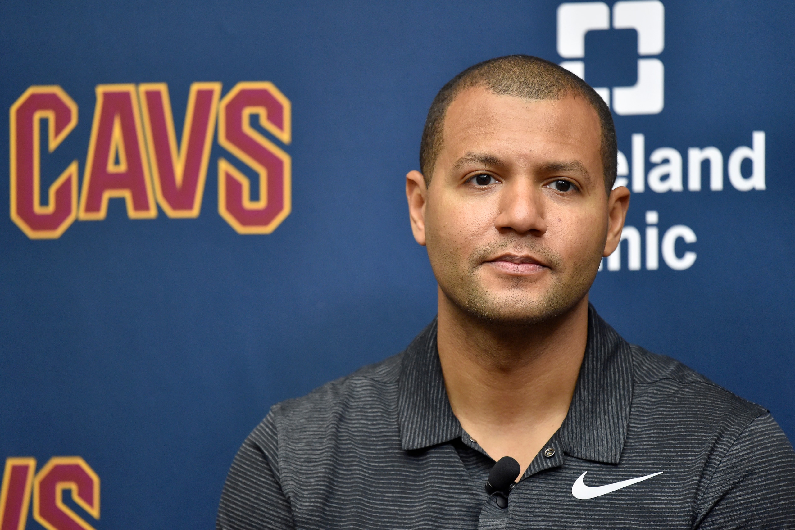 INDEPENDENCE, OH - JUNE 22: Cleveland Cavaliers General Manager, Koby Altman, introduces Collin Sexton during a press conference on June 22, 2018 at the Cleveland Clinic Courts in Independence, Ohio. NOTE TO USER: User expressly acknowledges and agrees th
