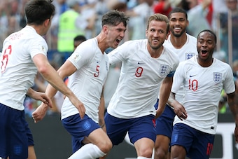 NIZHNIY NOVGOROD, RUSSIA - JUNE 24: John Stones of England celebrates his goal with Harry Kane, Ruben Loftus-Cheek, Raheem Sterling during the 2018 FIFA World Cup Russia group G match between England and Panama at Nizhniy Novgorod Stadium on June 24, 2018