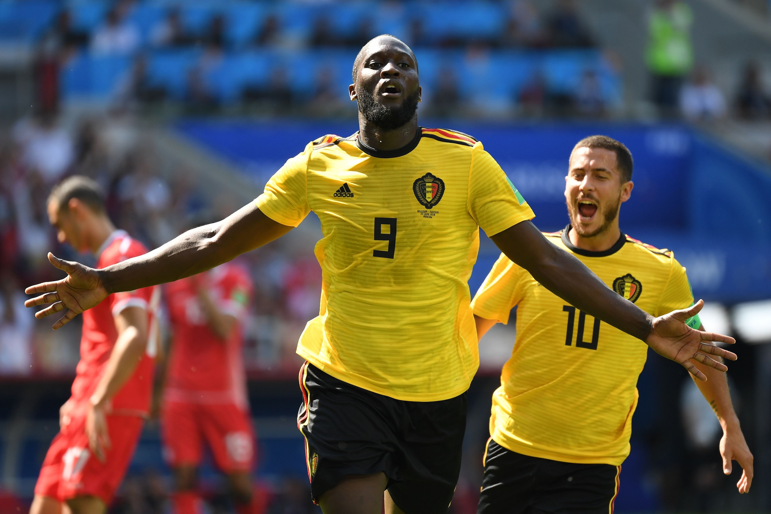 TOPSHOT - Belgium's forward Romelu Lukaku celebrates scoring his team's second goal during the Russia 2018 World Cup Group G football match between Belgium and Tunisia at the Spartak Stadium in Moscow on June 23, 2018. (Photo by Kirill KUDRYAVTSEV / AFP) 