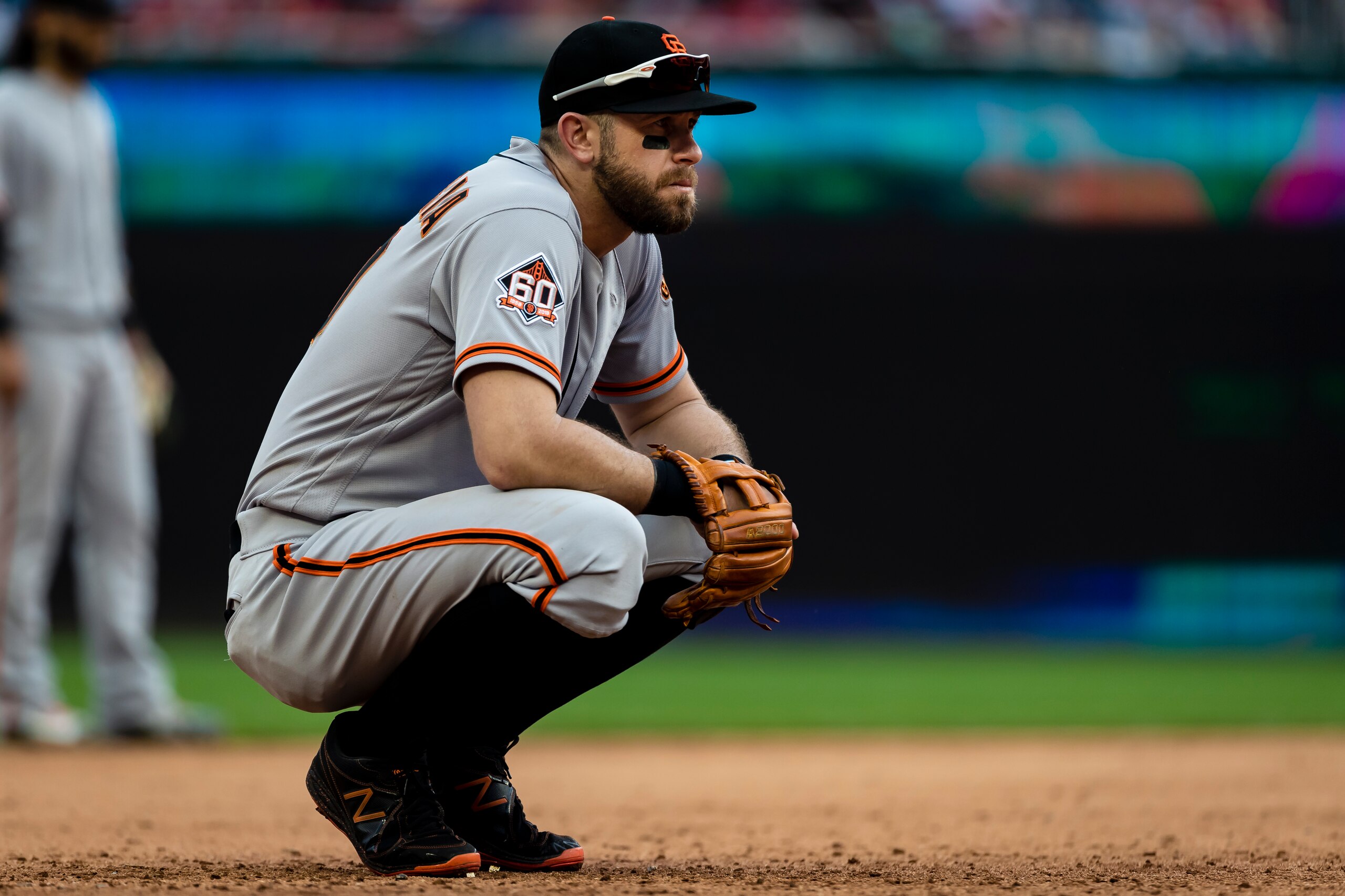 WASHINGTON, DC - JUNE 10: Evan Longoria #10 of the San Francisco Giants looks on against the Washington Nationals during the sixth inning at Nationals Park on June 10, 2018 in Washington, DC.  (Photo by Scott Taetsch/Getty Images)