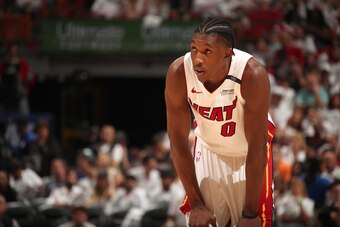 MIAMI, FL - APRIL 21: Josh Richardson #0 of the Miami Heat looks on in Game Four of the Eastern Conference Quarterfinals against the Philadelphia 76ers during the 2018 NBA Playoffs on April 21, 2018 at American Airlines Arena in Miami, Florida. NOTE TO US
