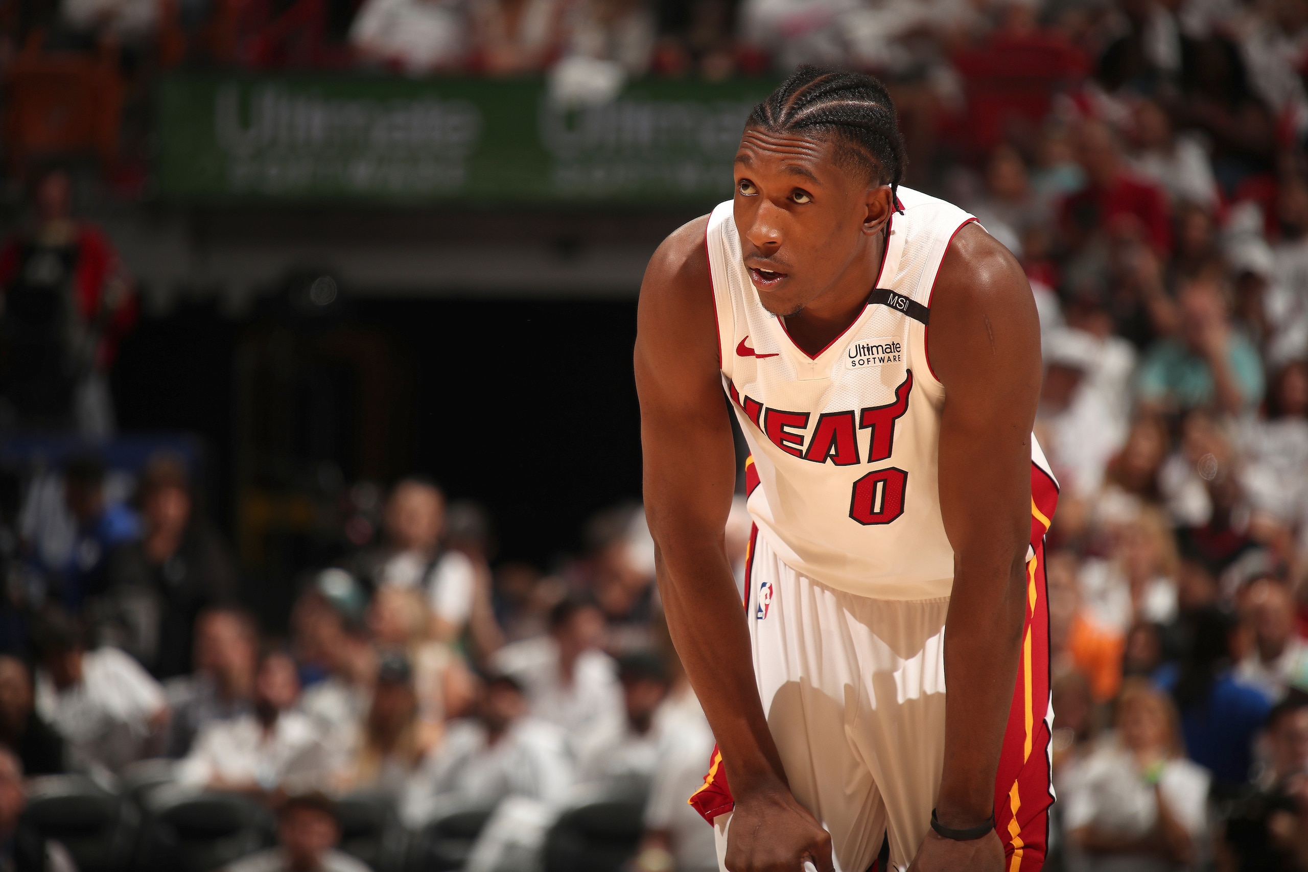 MIAMI, FL - APRIL 21: Josh Richardson #0 of the Miami Heat looks on in Game Four of the Eastern Conference Quarterfinals against the Philadelphia 76ers during the 2018 NBA Playoffs on April 21, 2018 at American Airlines Arena in Miami, Florida. NOTE TO US MIAMI, FL - APRIL 21: Josh Richardson #0 of the Miami Heat looks on in Game Four of the Eastern Conference Quarterfinals against the Philadelphia 76ers during the 2018 NBA Playoffs on April 21, 2018 at American Airlines Arena in Miami, Florida. NOTE TO US