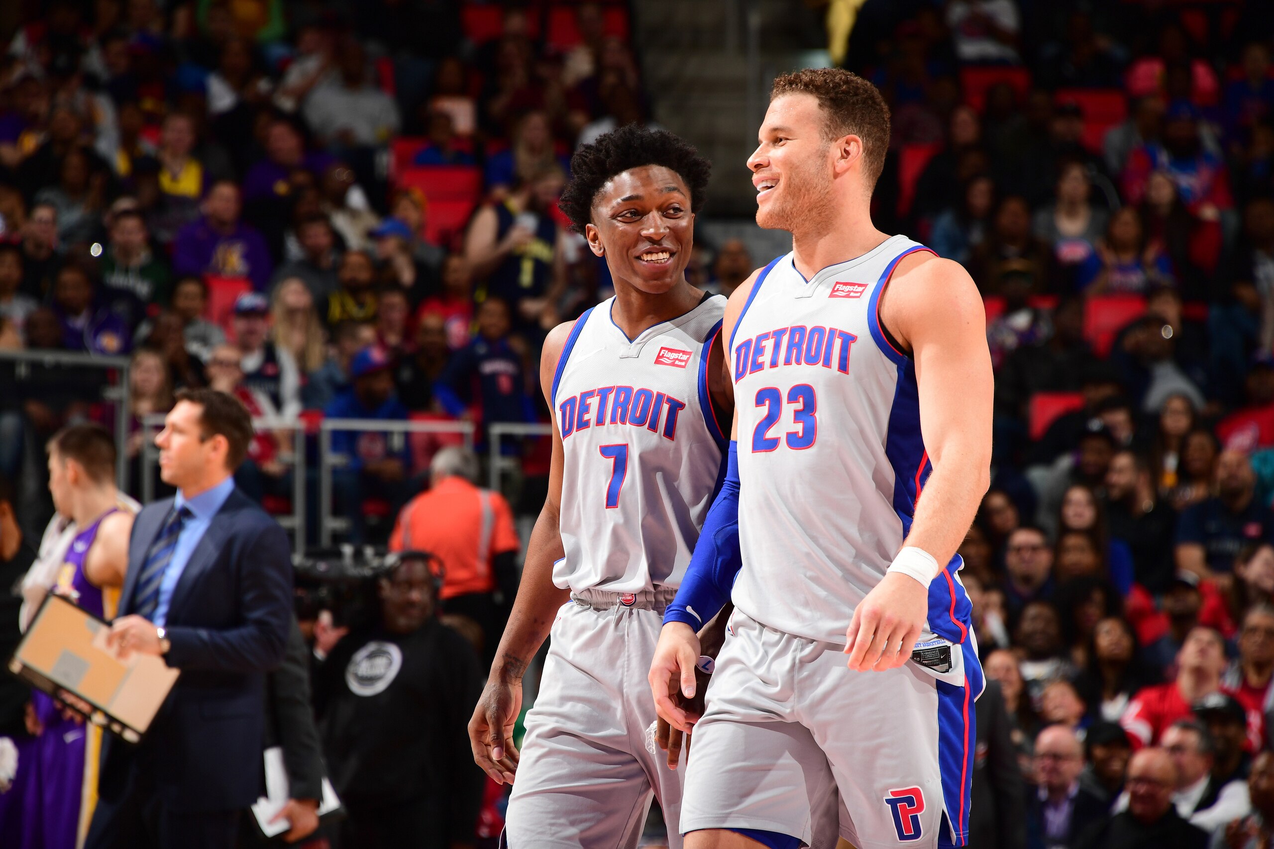 DETROIT, MI - MARCH 26: Stanley Johnson #7 and Blake Griffin #23 of the Detroit Pistons during the game against the Los Angeles Lakers on March 26, 2018 at Little Caesars Arena in Detroit, Michigan. NOTE TO USER: User expressly acknowledges and agrees tha DETROIT, MI - MARCH 26: Stanley Johnson #7 and Blake Griffin #23 of the Detroit Pistons during the game against the Los Angeles Lakers on March 26, 2018 at Little Caesars Arena in Detroit, Michigan. NOTE TO USER: User expressly acknowledges and agrees tha