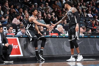 BROOKLYN, NY - MARCH 21: Spencer Dinwiddie #8 and D'Angelo Russell #1 of the Brooklyn Nets during the game against the Charlotte Hornets on March 21, 2018 at Barclays Center in Brooklyn, New York. NOTE TO USER: User expressly acknowledges and agrees that,