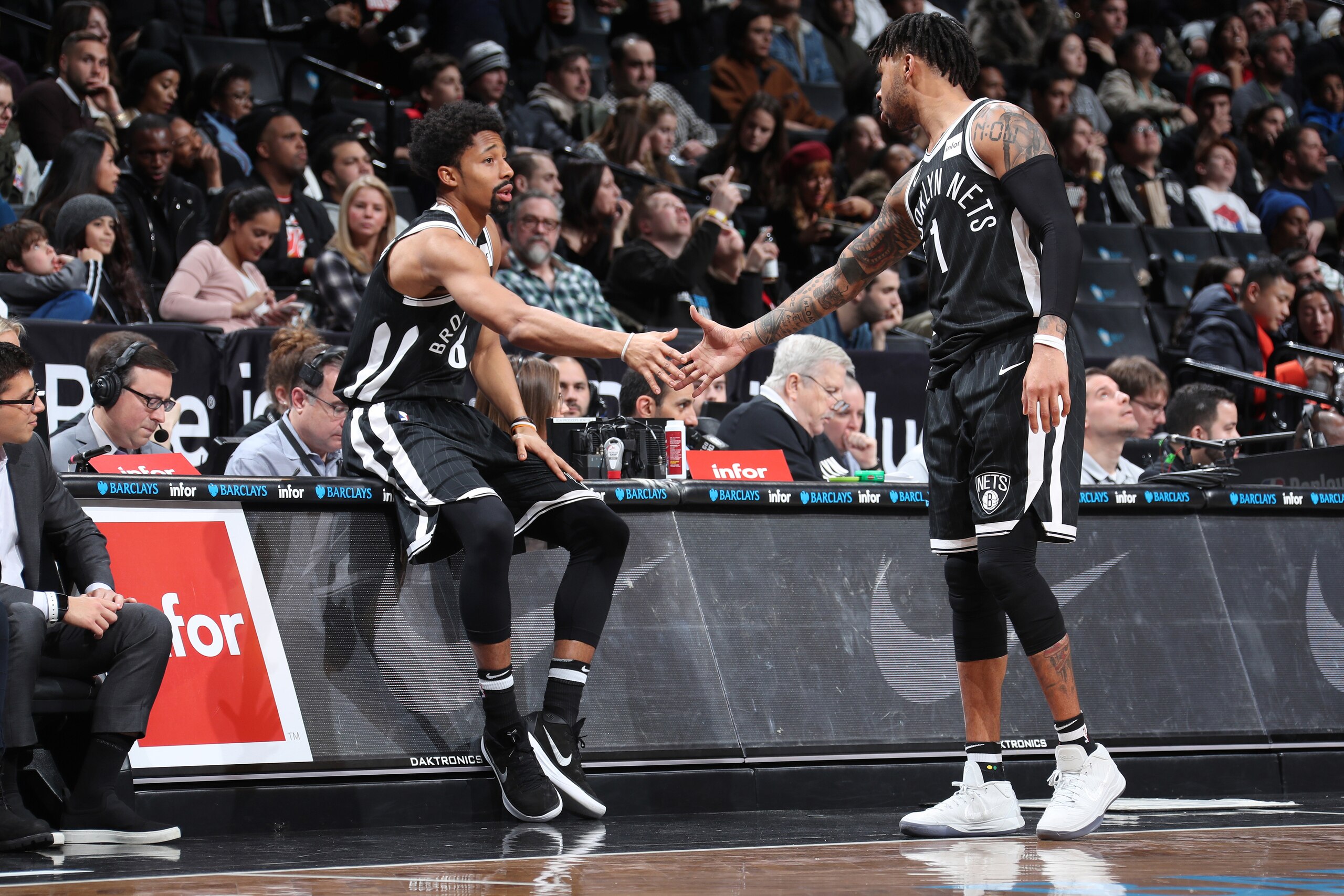 BROOKLYN, NY - MARCH 21: Spencer Dinwiddie #8 and D'Angelo Russell #1 of the Brooklyn Nets during the game against the Charlotte Hornets on March 21, 2018 at Barclays Center in Brooklyn, New York. NOTE TO USER: User expressly acknowledges and agrees that, BROOKLYN, NY - MARCH 21: Spencer Dinwiddie #8 and D'Angelo Russell #1 of the Brooklyn Nets during the game against the Charlotte Hornets on March 21, 2018 at Barclays Center in Brooklyn, New York. NOTE TO USER: User expressly acknowledges and agrees that,