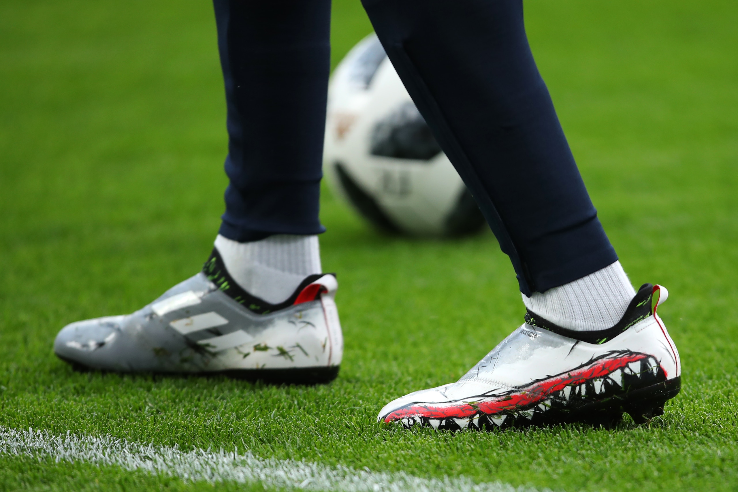 YEKATERINBURG, RUSSIA - JUNE 21: Detail View of the limited edition adidas boots of Benjamin Mendy of France prior to the 2018 FIFA World Cup Russia group C match between France and Peru at Ekaterinburg Arena on June 21, 2018 in Yekaterinburg, Russia. (Ph
