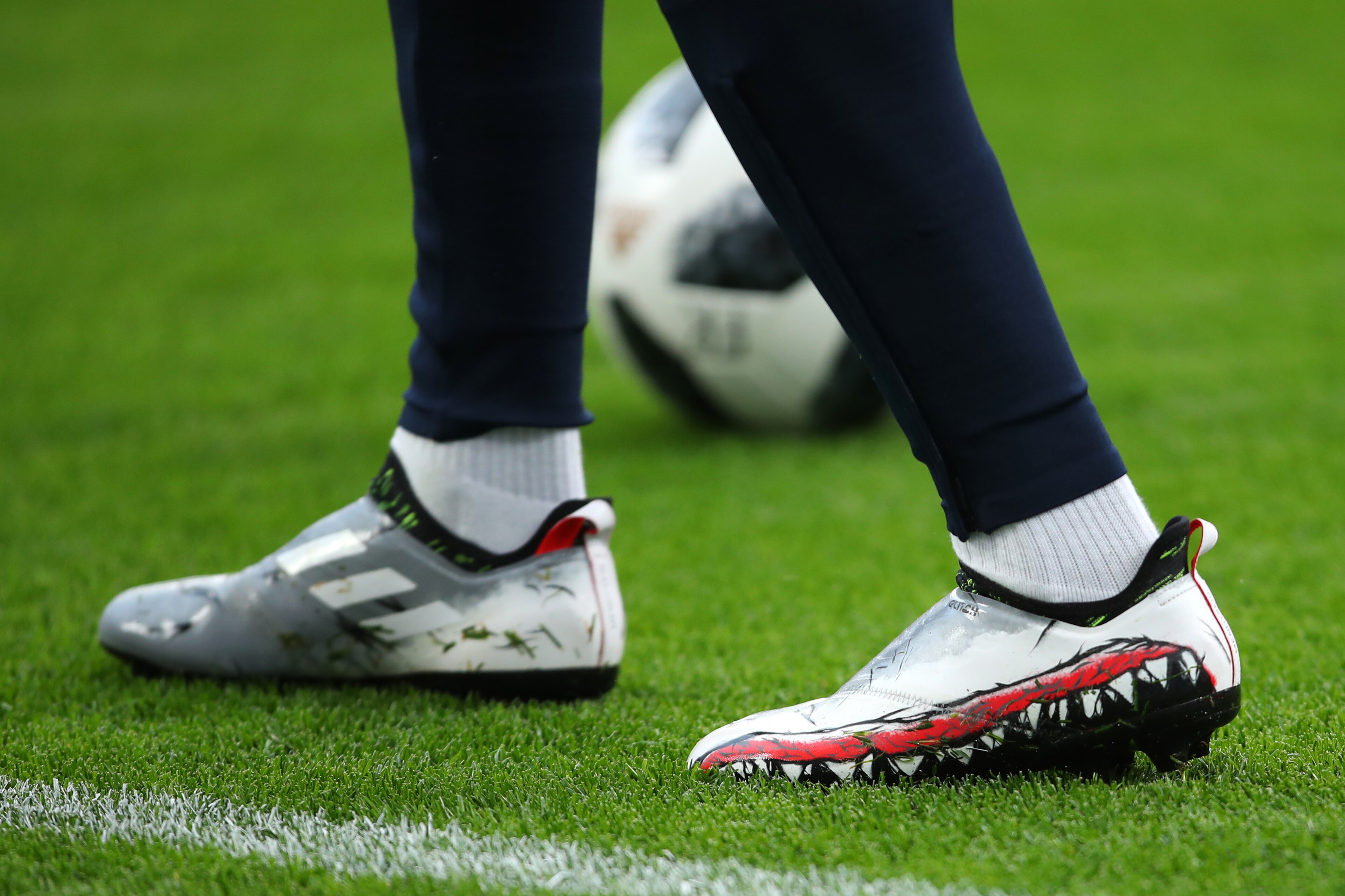 YEKATERINBURG, RUSSIA - JUNE 21: Detail View of the limited edition adidas boots of Benjamin Mendy of France prior to the 2018 FIFA World Cup Russia group C match between France and Peru at Ekaterinburg Arena on June 21, 2018 in Yekaterinburg, Russia. (Ph