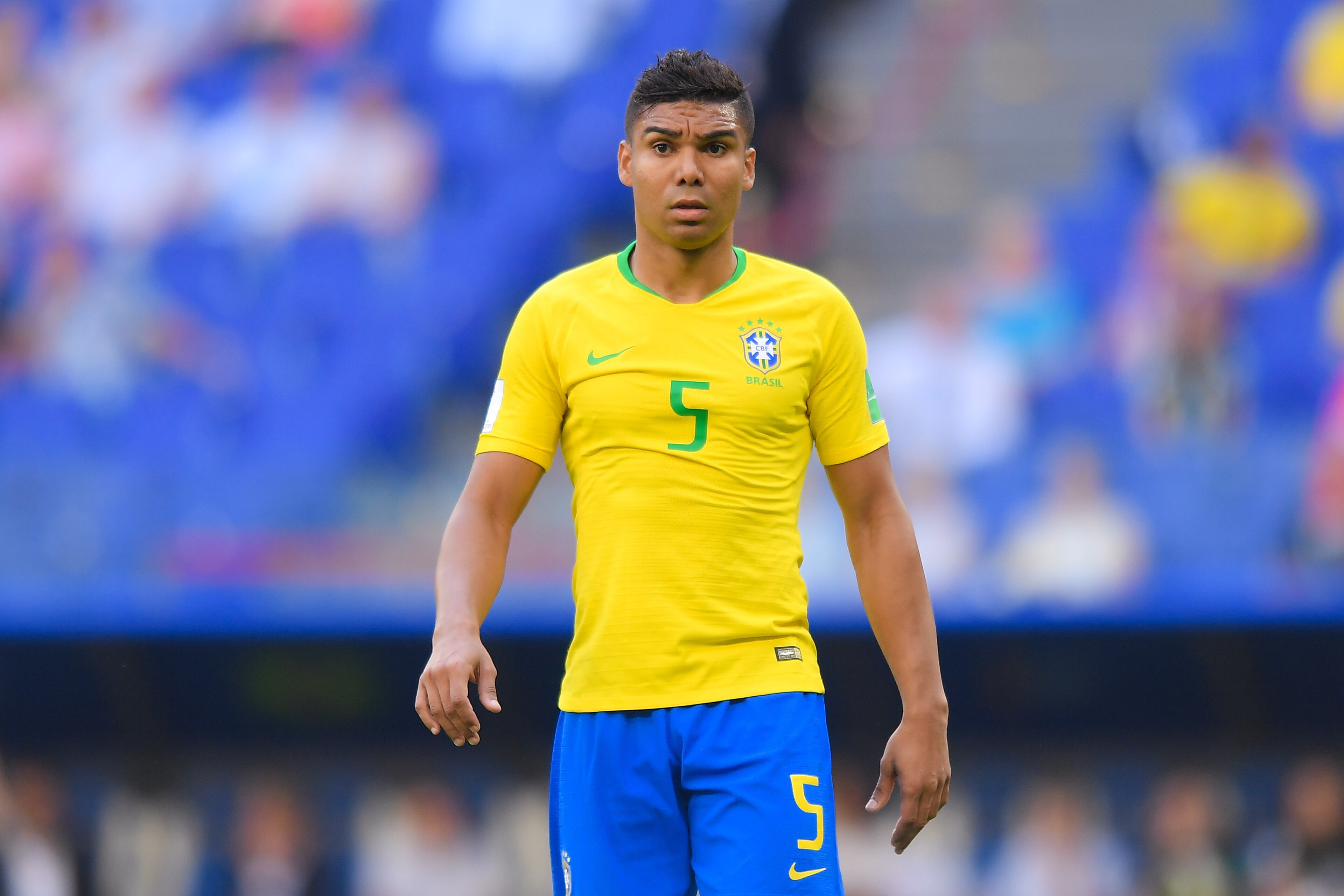 SAMARA, RUSSIA - JULY 02: Casemiro of Brazil looks on during the 2018 FIFA World Cup Russia Round of 16 match between Brazil and Mexico at Samara Arena on July 2, 2018 in Samara, Russia. (Photo by Lukasz Laskowski/PressFocus/MB Media/Getty Images)