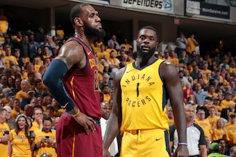 INDIANAPOLIS, IN - APRIL 27:  LeBron James #23 of the Cleveland Cavaliers and Lance Stephenson #1 of the Indiana Pacers look on during the game between the two teams in Game Six of the NBA Playoffs on April 27, 2018 at Bankers Life Fieldhouse in Indianapo