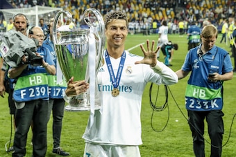 Cristiano Ronaldo of Real Madrid with UEFA Champions League trophy, Coupe des clubs Champions Europeens during the UEFA Champions League final between Real Madrid and Liverpool on May 26, 2018 at NSC Olimpiyskiy Stadium in Kyiv, Ukraine(Photo by VI Images
