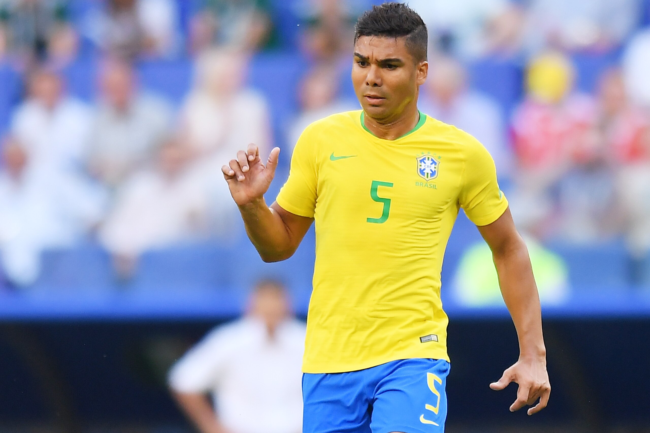 SAMARA, RUSSIA - JULY 02: Casemiro of Brazil in action during the 2018 FIFA World Cup Russia Round of 16 match between Brazil and Mexico at Samara Arena on July 2, 2018 in Samara, Russia. (Photo by Lukasz Laskowski/PressFocus/MB Media/Getty Images) SAMARA, RUSSIA - JULY 02: Casemiro of Brazil in action during the 2018 FIFA World Cup Russia Round of 16 match between Brazil and Mexico at Samara Arena on July 2, 2018 in Samara, Russia. (Photo by Lukasz Laskowski/PressFocus/MB Media/Getty Images)