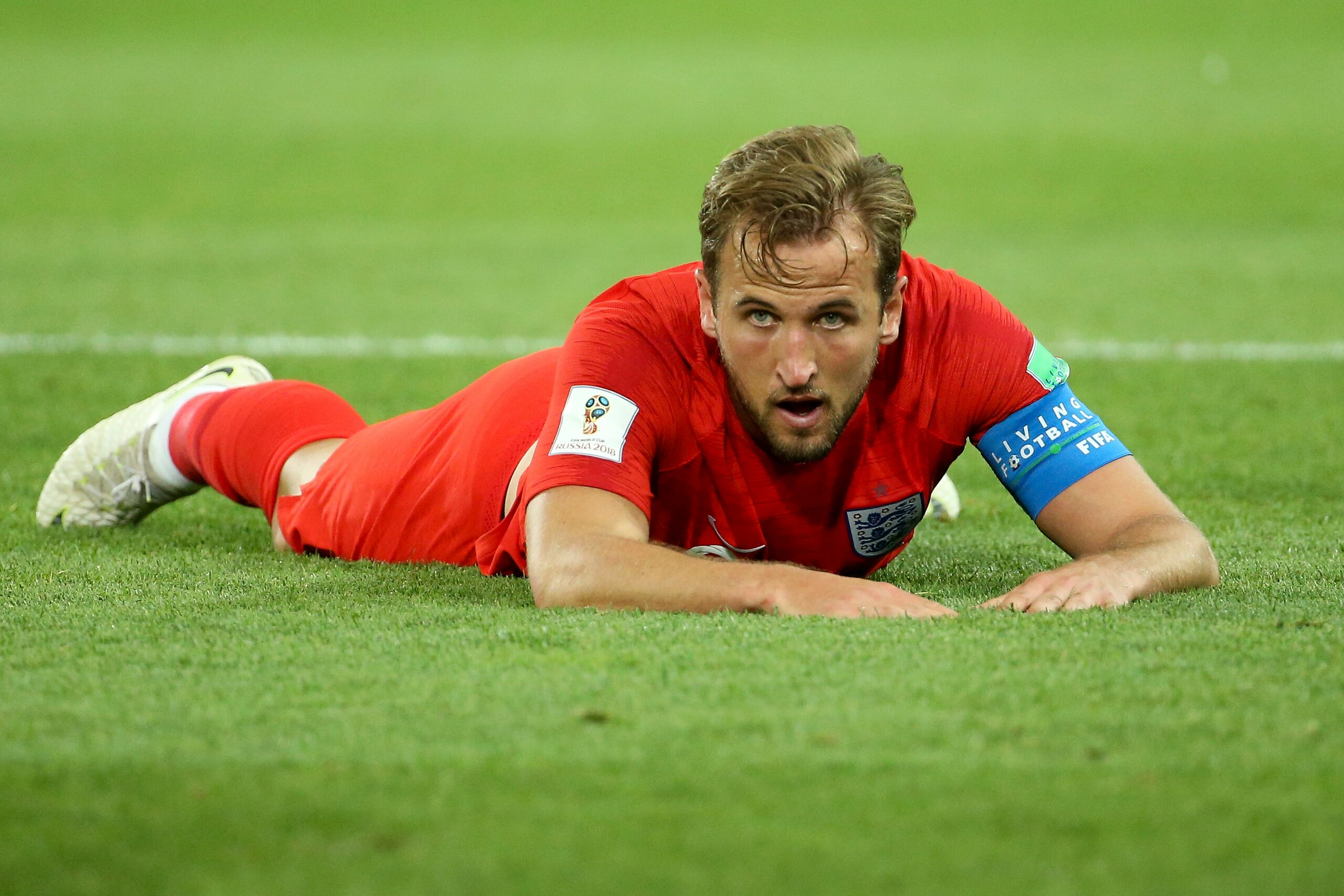 MOSCOW, RUSSIA - JULY 3: Harry Kane of England during the 2018 FIFA World Cup Russia Round of 16 match between Colombia and England at Spartak Stadium on July 3, 2018 in Moscow, Russia. (Photo by Jean Catuffe/Getty Images)