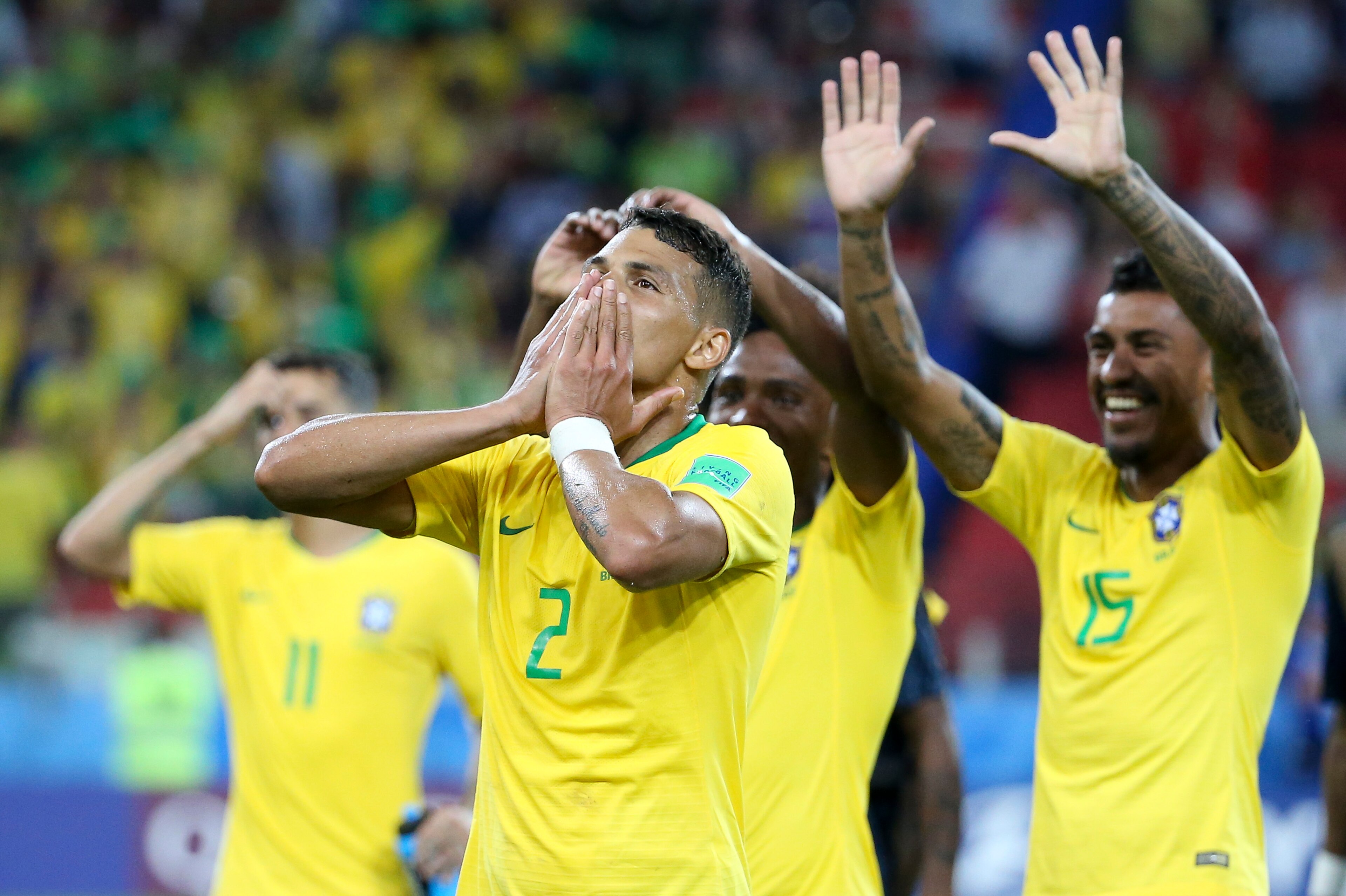 MOSCOW, RUSSIA - JUNE 27: Thiago Silva, Paulinho of Brazil celebrate the victory following the 2018 FIFA World Cup Russia group E match between Serbia and Brazil at Spartak Stadium on June 27, 2018 in Moscow, Russia. (Photo by Jean Catuffe/Getty Images)