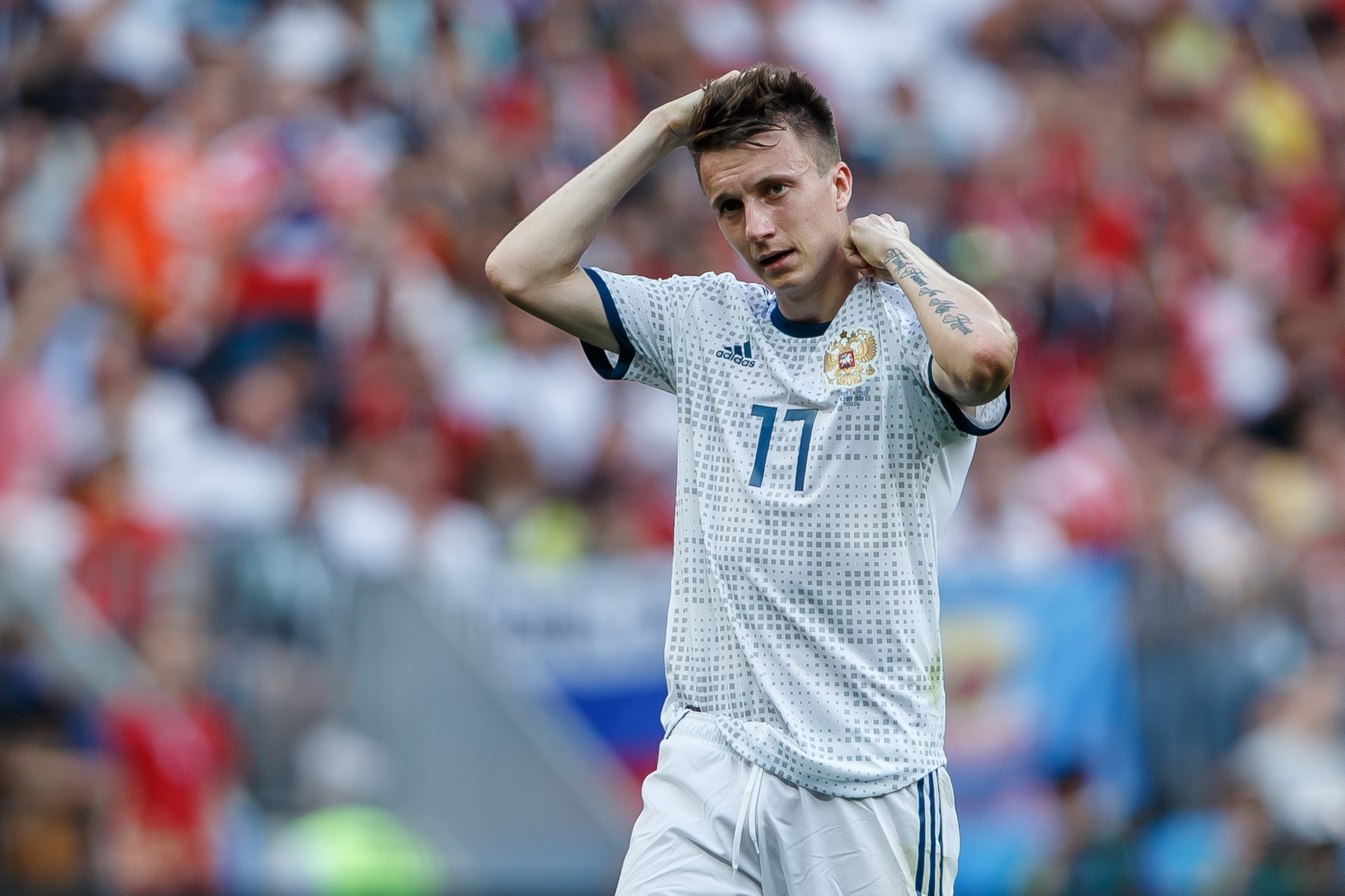 MOSCOW, RUSSIA - JULY 01: Aleksandr Golovin of Russia looks on during the 2018 FIFA World Cup Russia match between Spain and Russia at Luzhniki Stadium on July 01, 2018 in Moscow, Russia. (Photo by TF-Images/Getty Images)