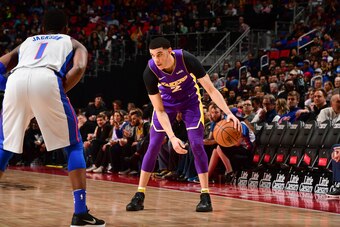 DETROIT, MI - MARCH 26: Lonzo Ball #2 of the Los Angeles Lakers handles the ball against the Detroit Pistons on March 26, 2018 at Little Caesars Arena in Detroit, Michigan. NOTE TO USER: User expressly acknowledges and agrees that, by downloading and/or u