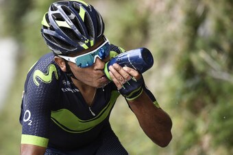 Colombia's Nairo Quintana drinks as he rides in a breakaway during the 183 km seventeenth stage of the 104th edition of the Tour de France cycling race on July 19, 2017 between Le La Mure and Serre-Chevalier, French Alps.  / AFP PHOTO / Jeff PACHOUD      