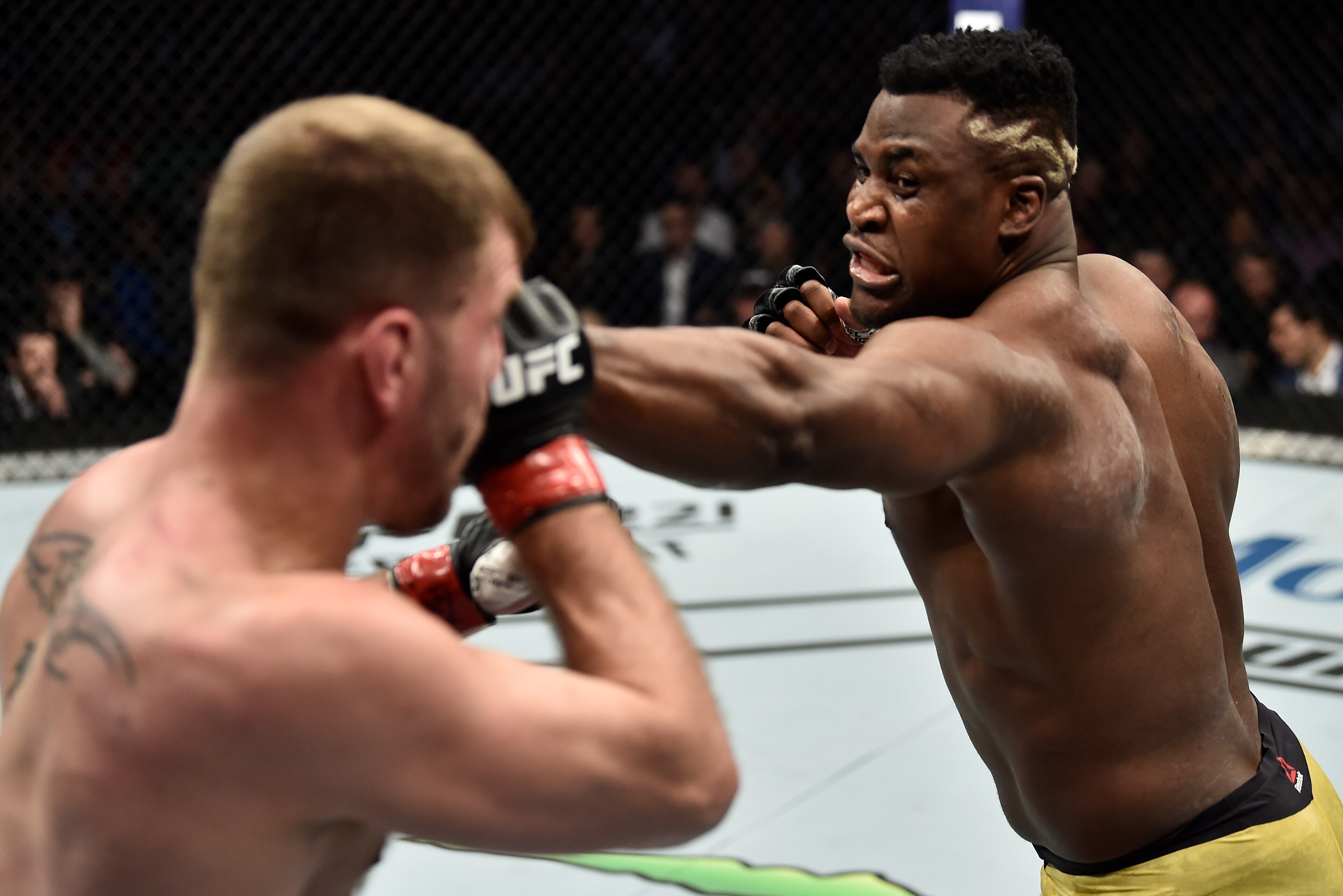 BOSTON, MA - JANUARY 20:  (R-L) Francis Ngannou of Cameroon punches Stipe Miocic in their heavyweight championship bout during the UFC 220 event at TD Garden on January 20, 2018 in Boston, Massachusetts. (Photo by Jeff Bottari/Zuffa LLC/Zuffa LLC via Gett