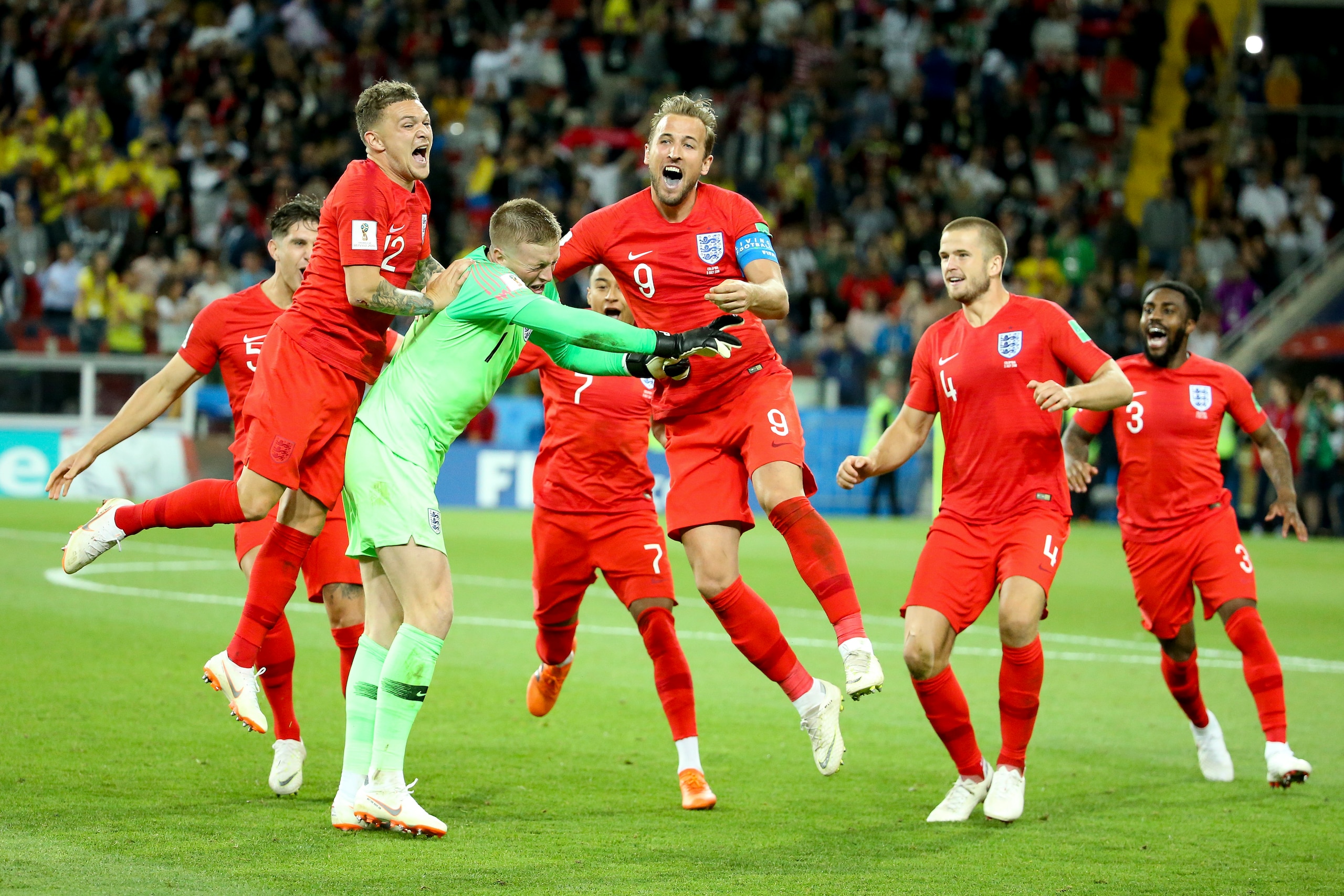 MOSCOW, RUSSIA - JULY 3: Goalkeeper of England Jordan Pickford is celebrated by teammates Kieran Trippier, Harry Kane, Eric Dier, Danny Rose of England after winning the penalty shootout of the 2018 FIFA World Cup Russia Round of 16 match between Colombia MOSCOW, RUSSIA - JULY 3: Goalkeeper of England Jordan Pickford is celebrated by teammates Kieran Trippier, Harry Kane, Eric Dier, Danny Rose of England after winning the penalty shootout of the 2018 FIFA World Cup Russia Round of 16 match between Colombia