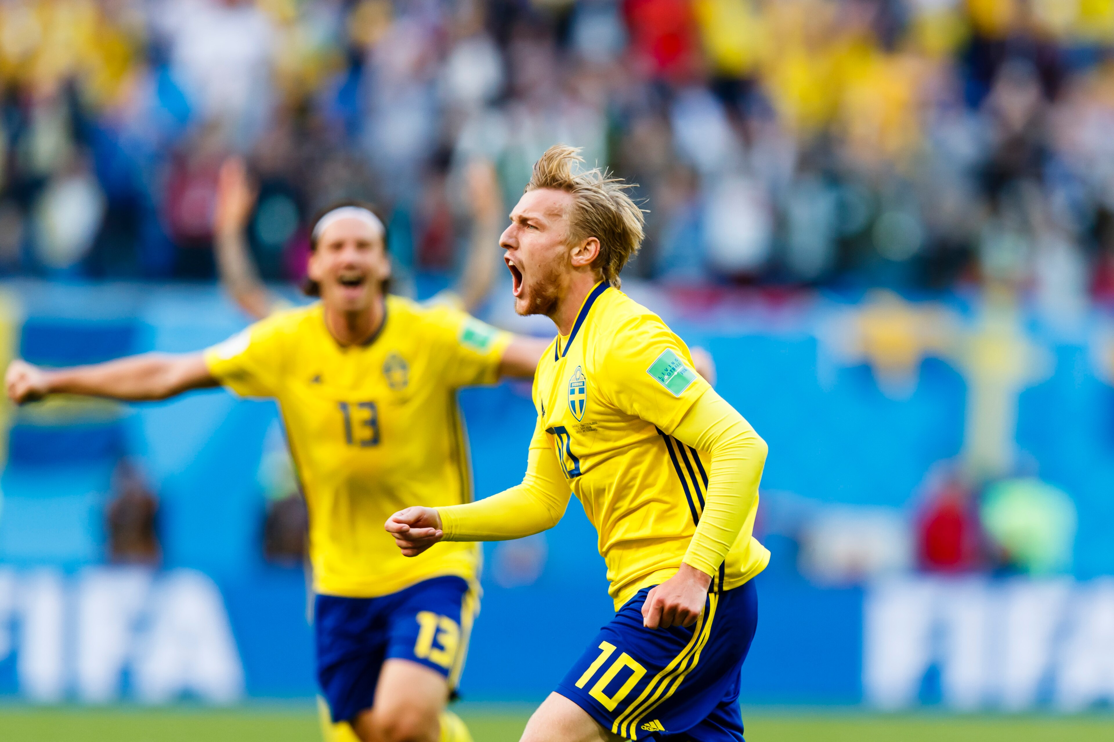 SAINT PETERSBURG, RUSSIA - JULY 3: Emil Forsberg #10 of Sweden celebrates scoring goal 1-0 during the 2018 FIFA World Cup Russia Round of 16 match between Sweden and Switzerland at Saint Petersburg Stadium on July 3, 2018 in Saint Petersburg, Russia. (Pho SAINT PETERSBURG, RUSSIA - JULY 3: Emil Forsberg #10 of Sweden celebrates scoring goal 1-0 during the 2018 FIFA World Cup Russia Round of 16 match between Sweden and Switzerland at Saint Petersburg Stadium on July 3, 2018 in Saint Petersburg, Russia. (Pho