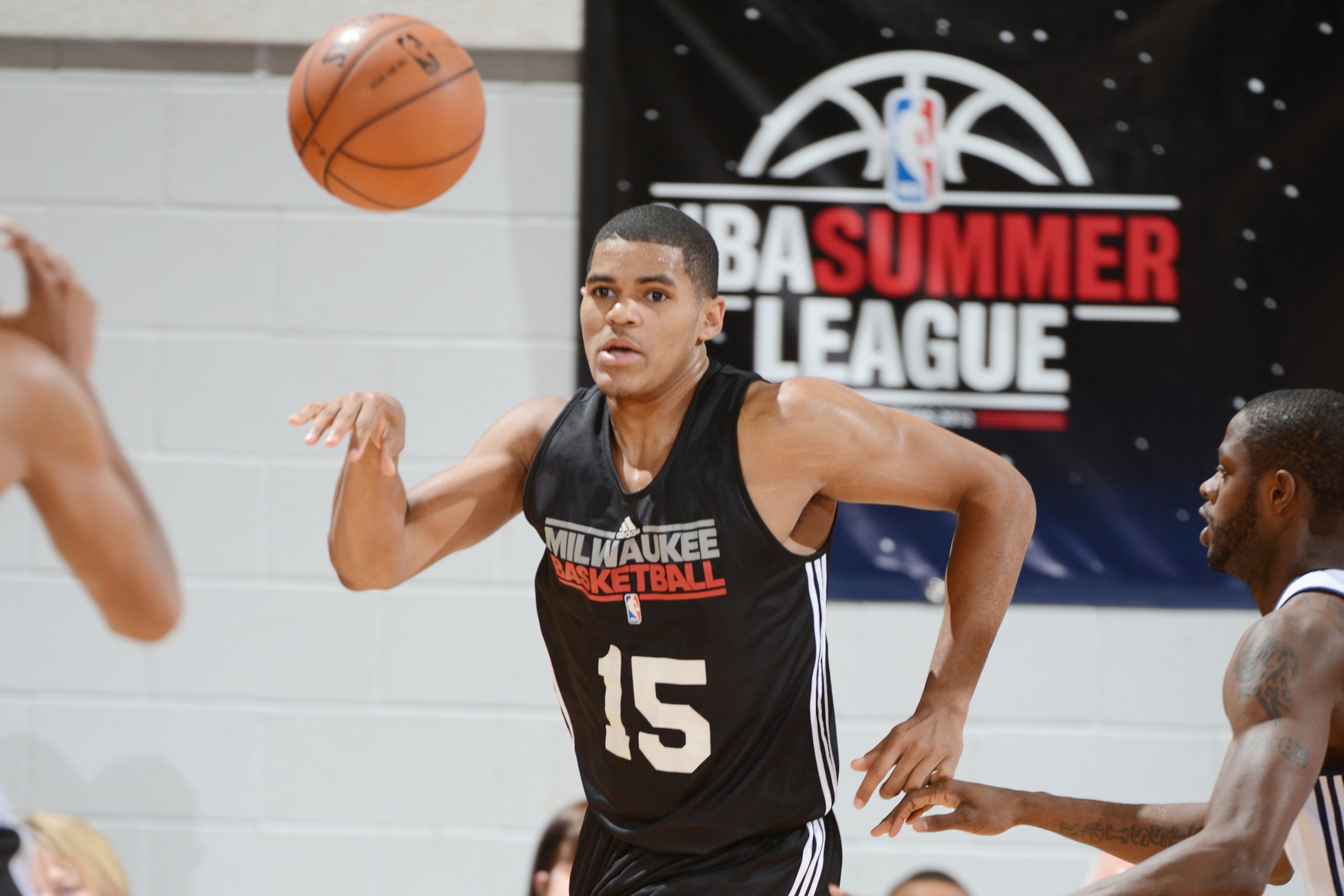 LAS VEGAS, NV - JULY 18: Tobias Harris #15 of the Milwaukee Bucks passes against the Washington Wizards during NBA Summer League on July 18, 2012 at Cox Pavilion in Las Vegas, Nevada.  NOTE TO USER: User expressly acknowledges and agrees that, by download