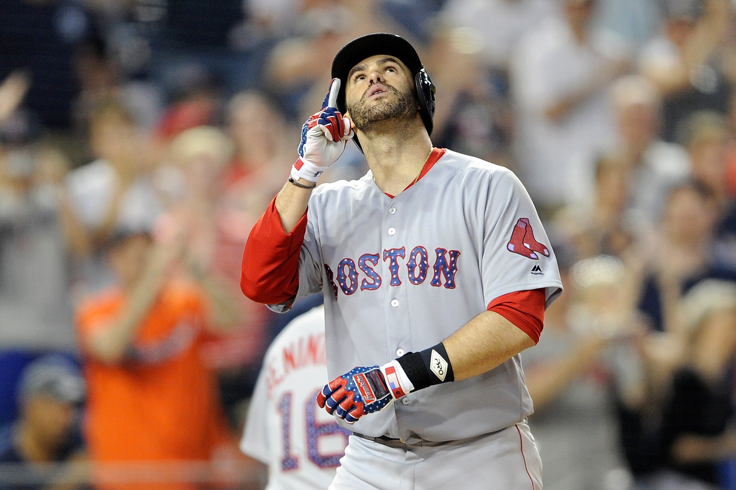 WASHINGTON, DC - JULY 03:  J.D. Martinez #28 of the Boston Red Sox celebrates after hitting a two-run home run in the ninth inning against the Washington Nationals at Nationals Park on July 3, 2018 in Washington, DC.  (Photo by Greg Fiume/Getty Images)